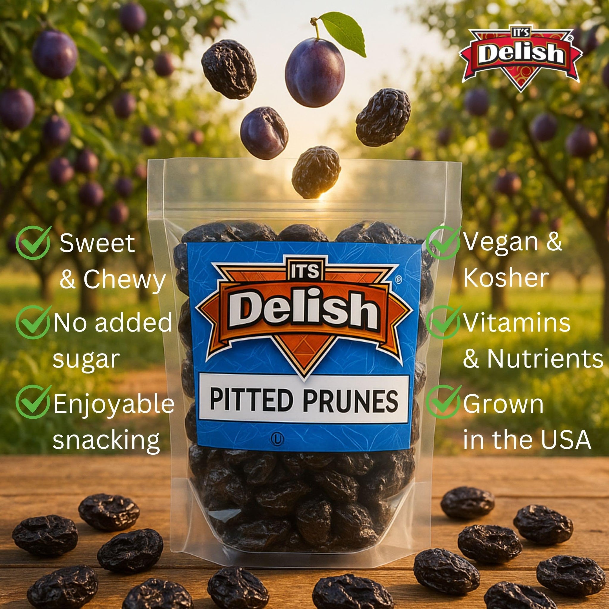 Dried Pitted Prunes Unsweetened by It's Delish, 1 Lb (16 Oz) Bag | Naturally Sweet, No Sugar Added, High Fiber Dried Fruit Snack | Healthy, Moist