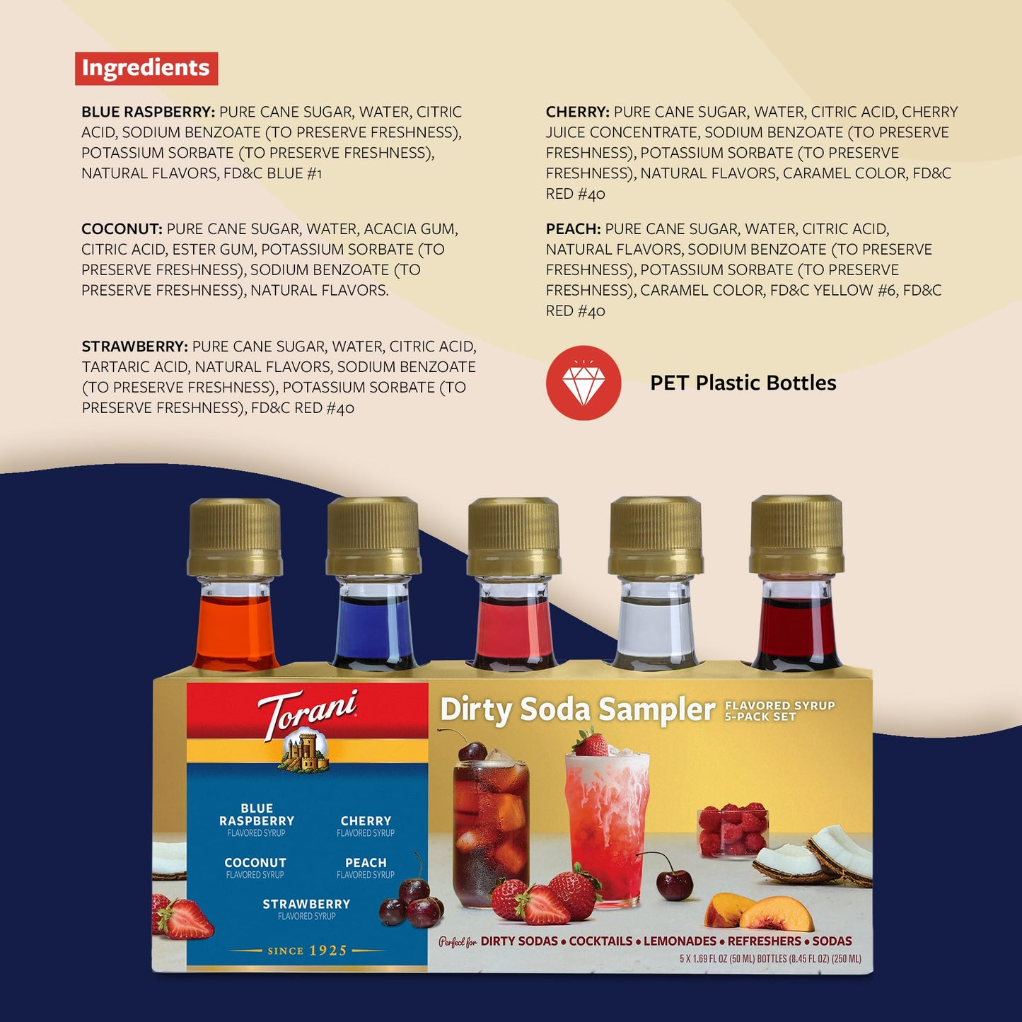 Torani Dirty Soda Sampler 5-Pack, Mini Syrups Gift Set - Coconut, Strawberry, Blue Raspberry, Peach, and Cherry, 1.7 Oz Ea