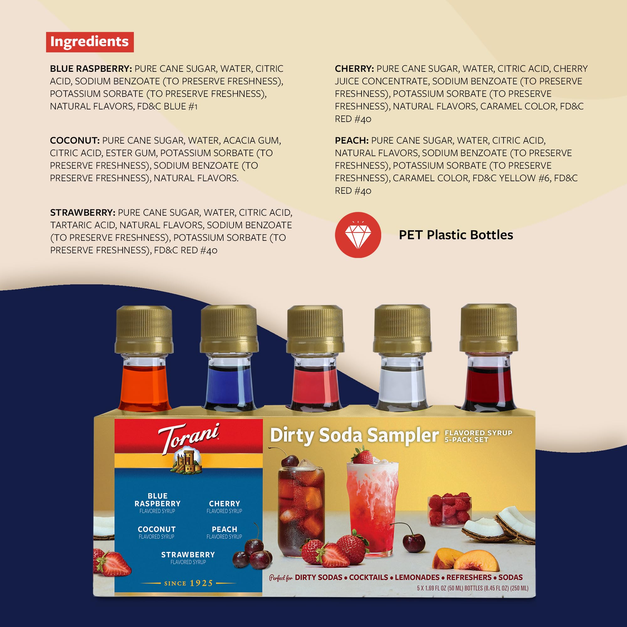 Torani Dirty Soda Sampler 5-Pack, Mini Syrups Gift Set - Coconut, Strawberry, Blue Raspberry, Peach, and Cherry, 1.7 Oz Ea