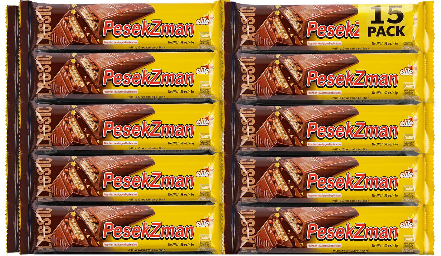 Elite Classic Pesek Zman Chocolate Bars, 15 Bars | Crispy Wafer & Hazelnut Cream, Milk Chocolate Coated, Product of Israel