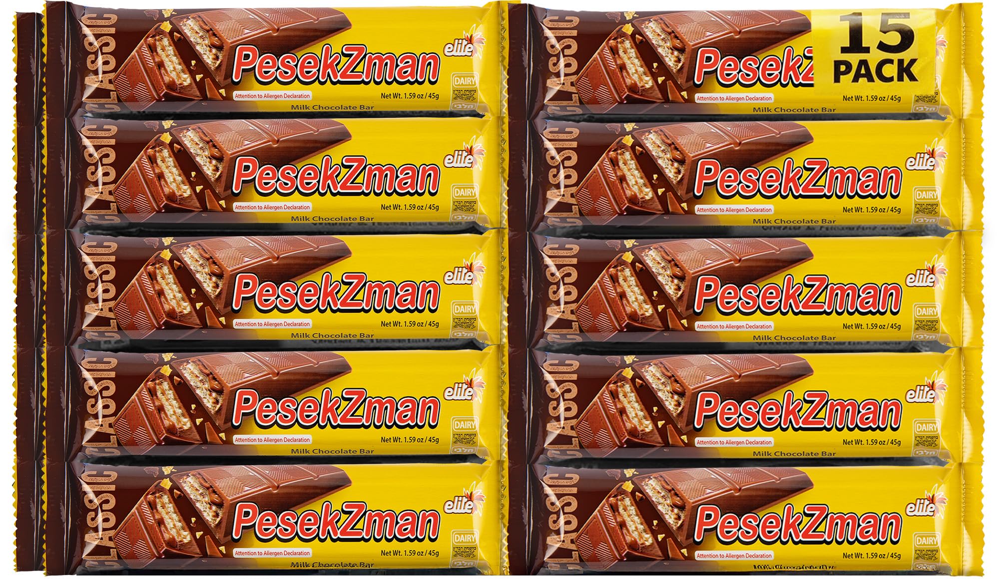Elite Classic Pesek Zman Chocolate Bars, 15 Bars | Crispy Wafer & Hazelnut Cream, Milk Chocolate Coated, Product of Israel