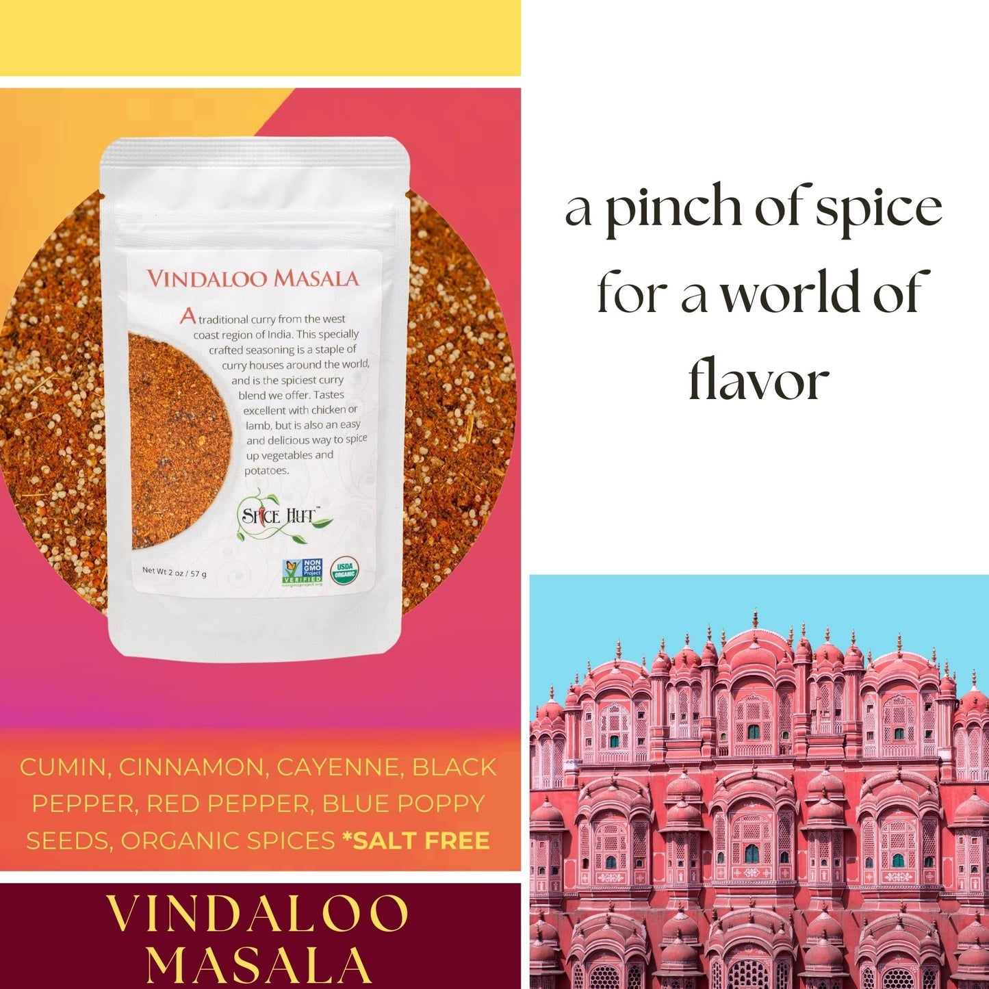 Spice Hut - Organic Vindaloo Masala Powder, No Salt, Flavorful Spicy Indian Seasoning Vindaloo Curry Powder for Cooking Goan Food - Meat, Seafood