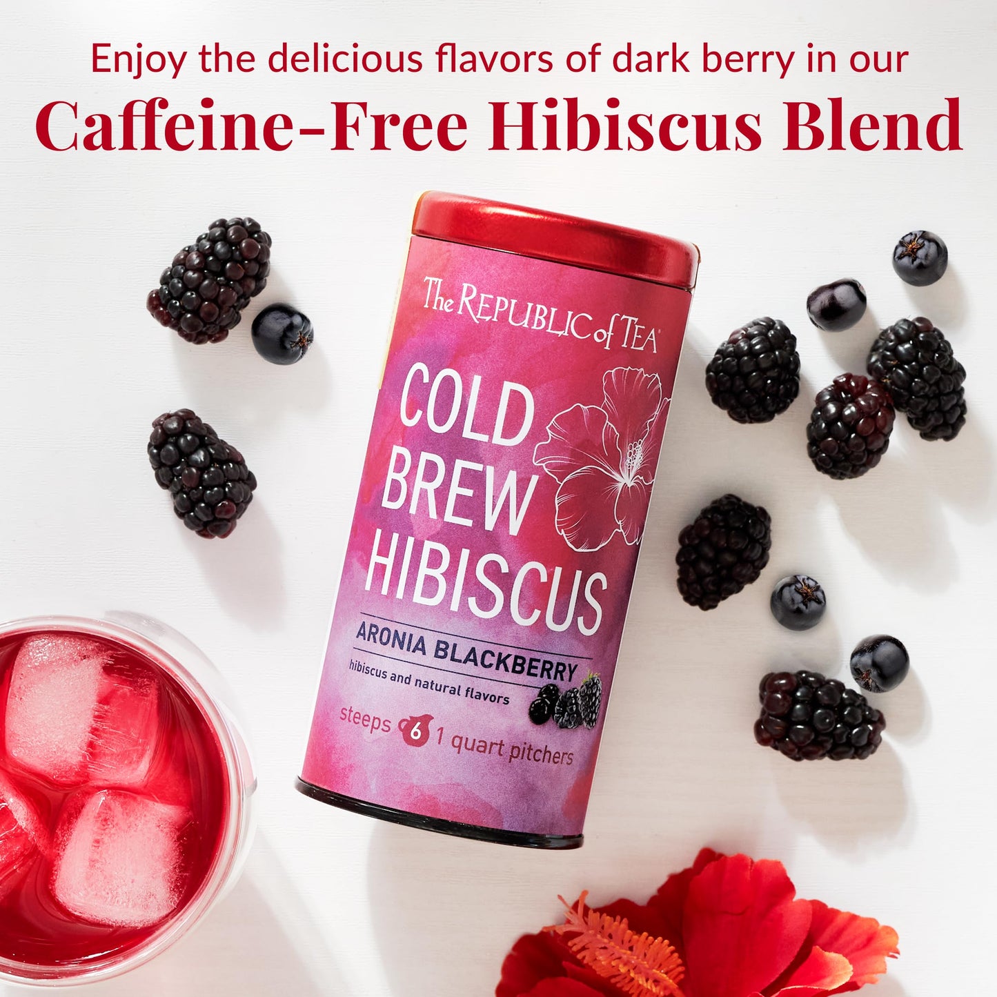 The Republic of Tea - Cold Brew Hibiscus Aronia Blackberry Iced Tea, Large Herbal Iced Tea Pouches, Steeps Six One-Quart Pitchers