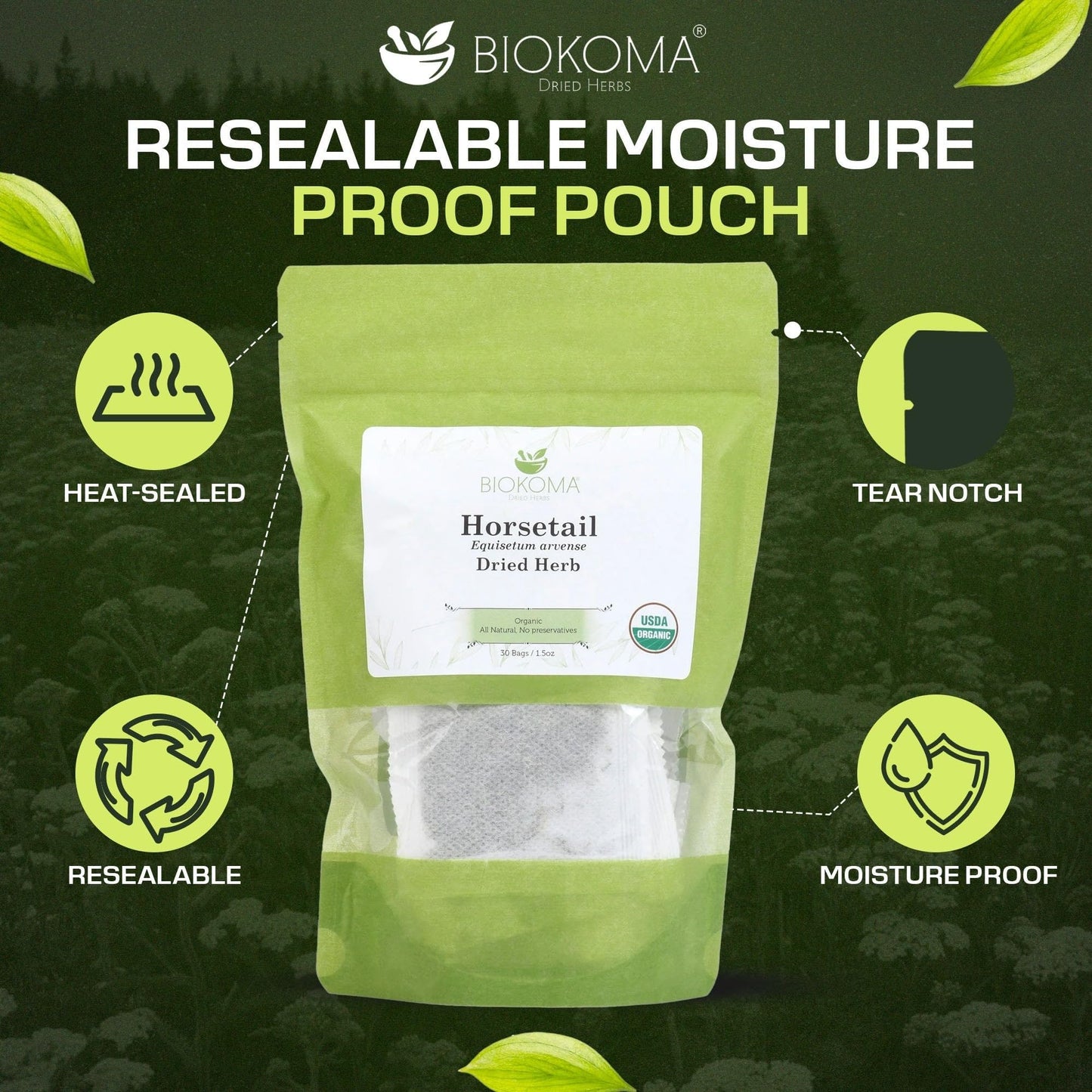 Biokoma Organic Horsetail Dried Herb 30 Tea Bags Shavegrass Equisetum Arvense USDA Organic Herbal Tea Healthy Hair Skin Nails Support Resealable Pouch