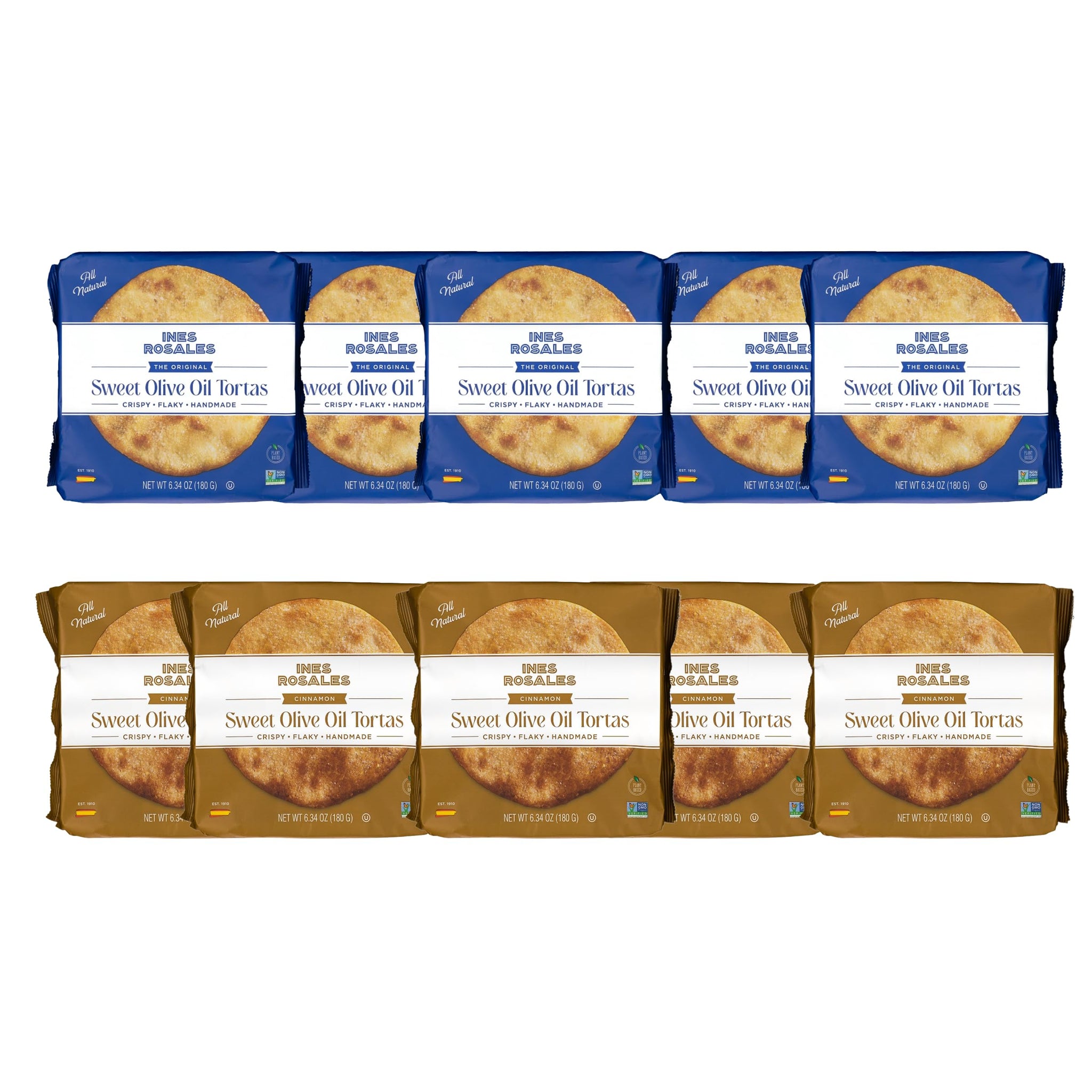 Ines Rosales Tortas Bundle - 5 Original + 5 Cinnamon - Handcrafted Spanish Olive Oil Tortas, Traditional Sweet and Spiced Delights