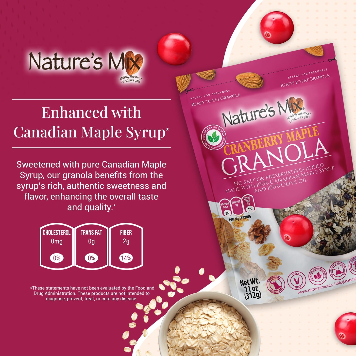 Nature's Mix - Cranberry Maple Granola - Cranberries, Almonds, Maple Syrup, Currants, Olive Oil, Sunflower Seeds, Cinnamon - Small