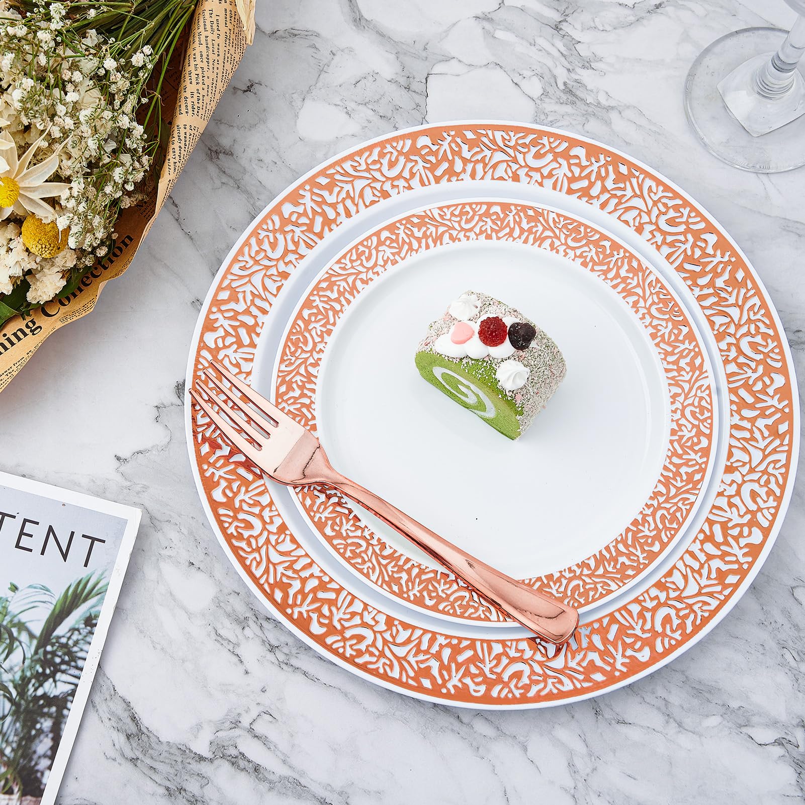 ?????? Count Rose Gold Plastic Dinnerware Disposable Plates 30 Dinner & 30 Dessert Plates & 30 Cups & 30 Rose Gold Paper Napkins & 30 Plastic Silverware