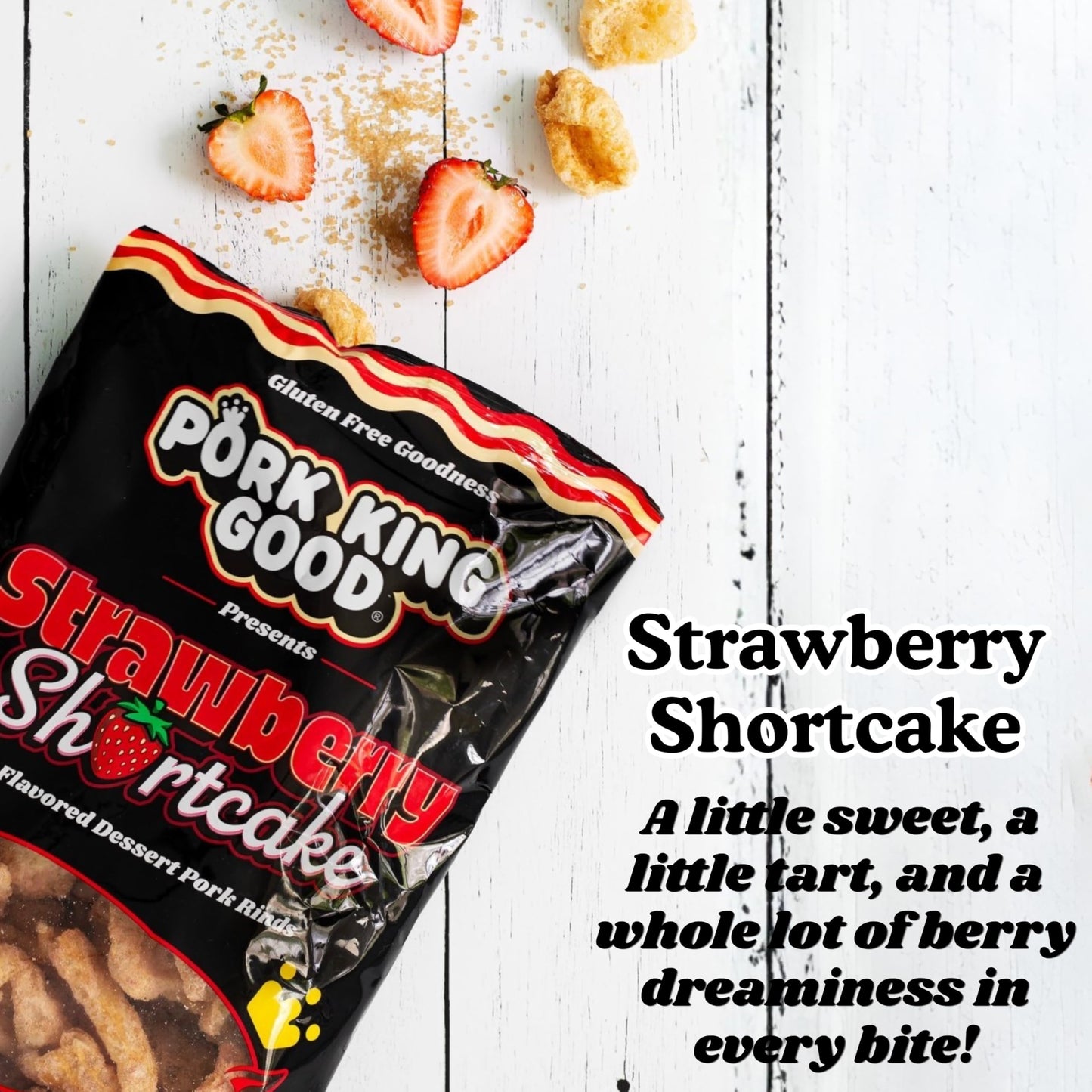 Pork King Good Strawberry Shortcake Pork Rinds (4 Pack), 3 oz Dessert Flavored Chicharrones, Low Carb and Gluten Free Snacks