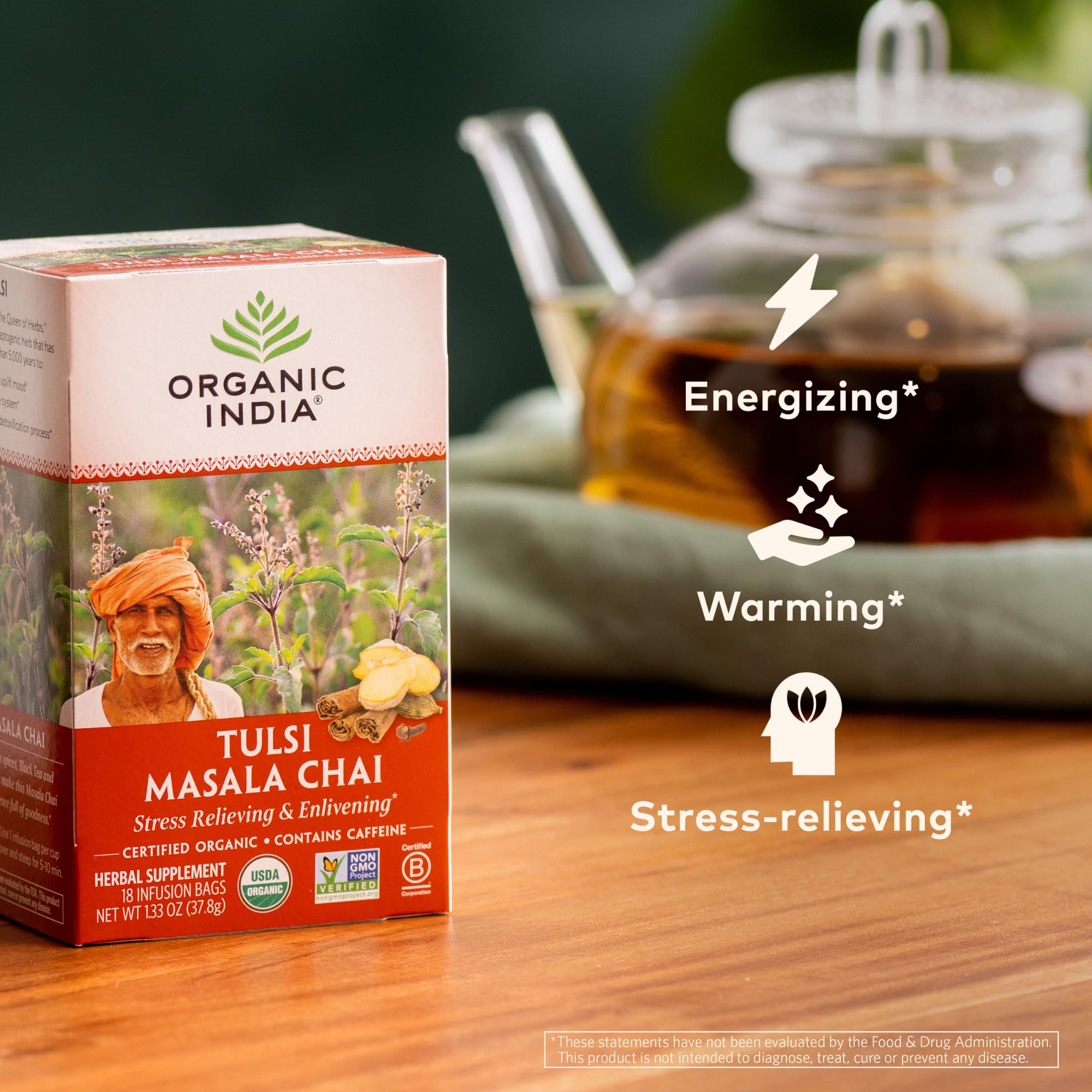 Organic India Tulsi Masala Chai Tea Bags - Holy Basil, Black Tea, Spices with Ginger, Stress Relieving, Immune Support, USDA Certified Organic