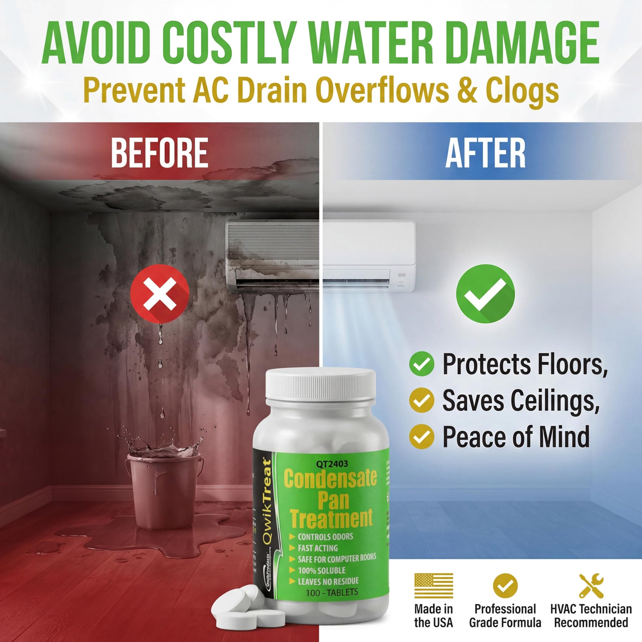 QwikTreat AC Pan Tablets & HVAC Drain Line Cleaner | Condensate Drain Pan Treatment Tabs | Remove Air Conditioner Pipe Clogs, Algae, & Control Odors