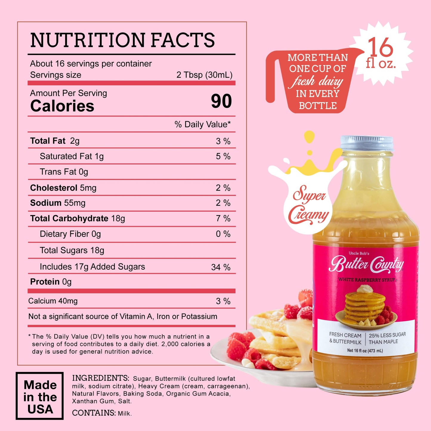 Butter Country Rich and Creamy Buttermilk Syrup | White Raspberry Flavor | Unique Gourmet Syrup for Pancakes, Waffles & More | 16 fl oz Bottle