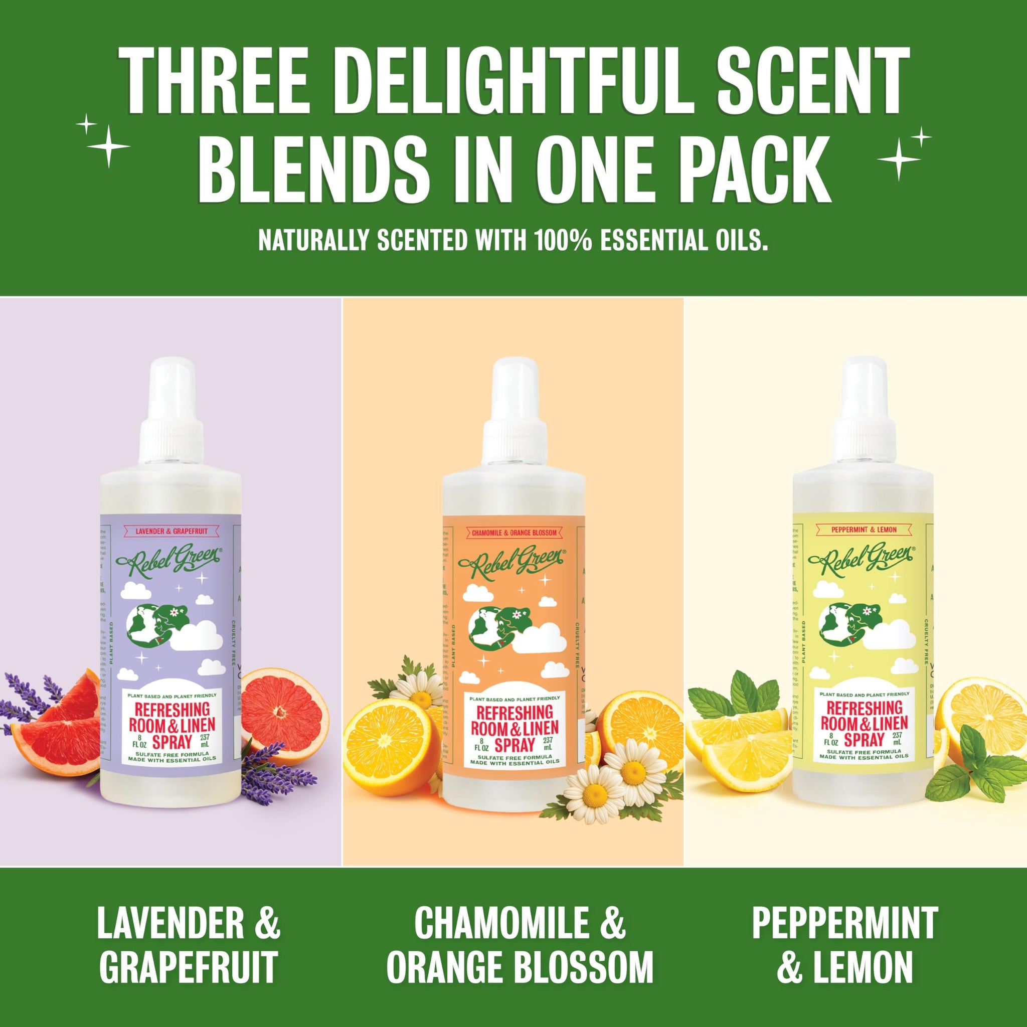 Rebel Green Refreshing Room & Linen Spray Variety Pack of 3 - Plant-Based Essential Oil Air Freshener - Lavender Grapefruit, Peppermint Lemon