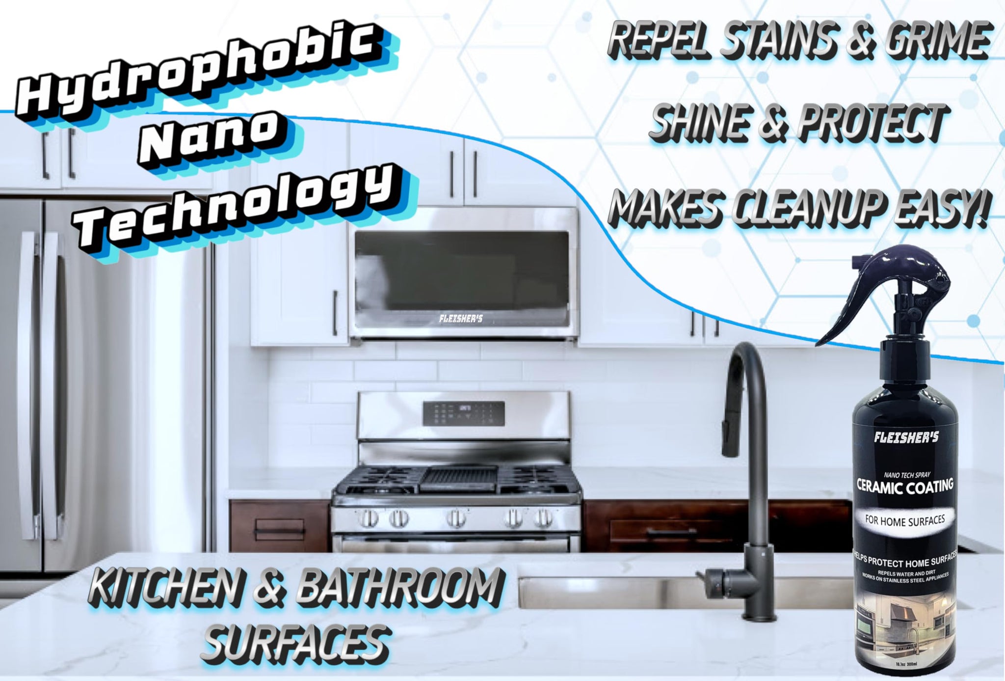 FLEISHER'S Home Ceramic Coating Spray - for Home Surfaces - Hydrophobic Nano Technology, Shine and Protect Kitchen and Bathroom Surfaces, Repel Stains