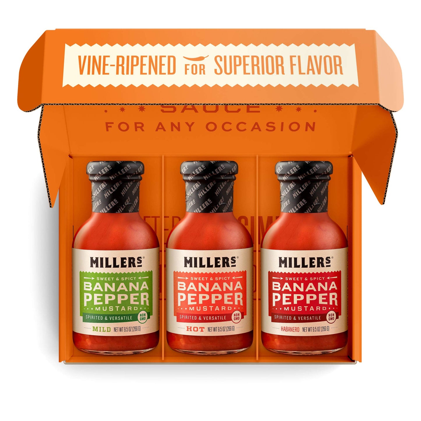Miller's Banana Pepper Mustard Sauce Gift Box - Includes Hot, Mild, Habanero - Best Use for Chicken Wing, Burgers, Sandwich, Non-GMO Project Verified