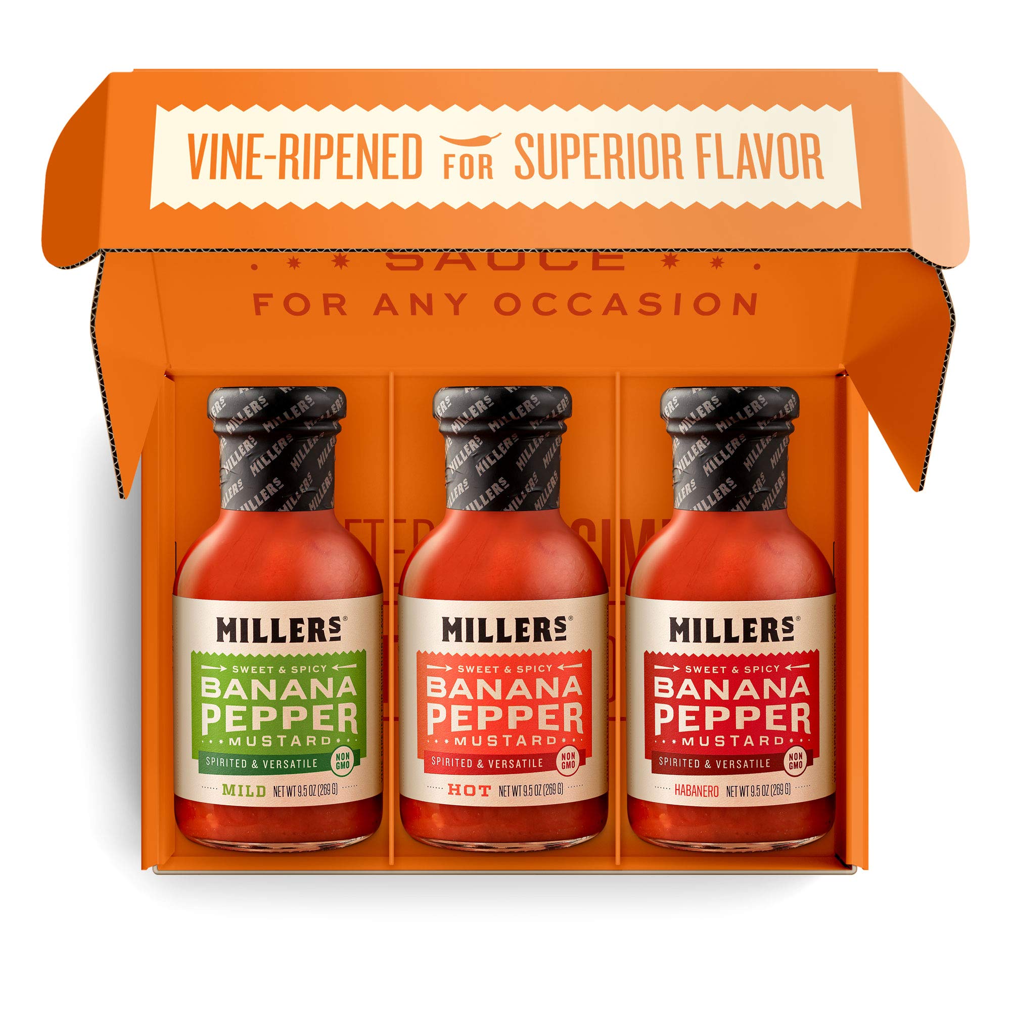 Miller's Banana Pepper Mustard Sauce Gift Box - Includes Hot, Mild, Habanero - Best Use for Chicken Wing, Burgers, Sandwich, Non-GMO Project Verified