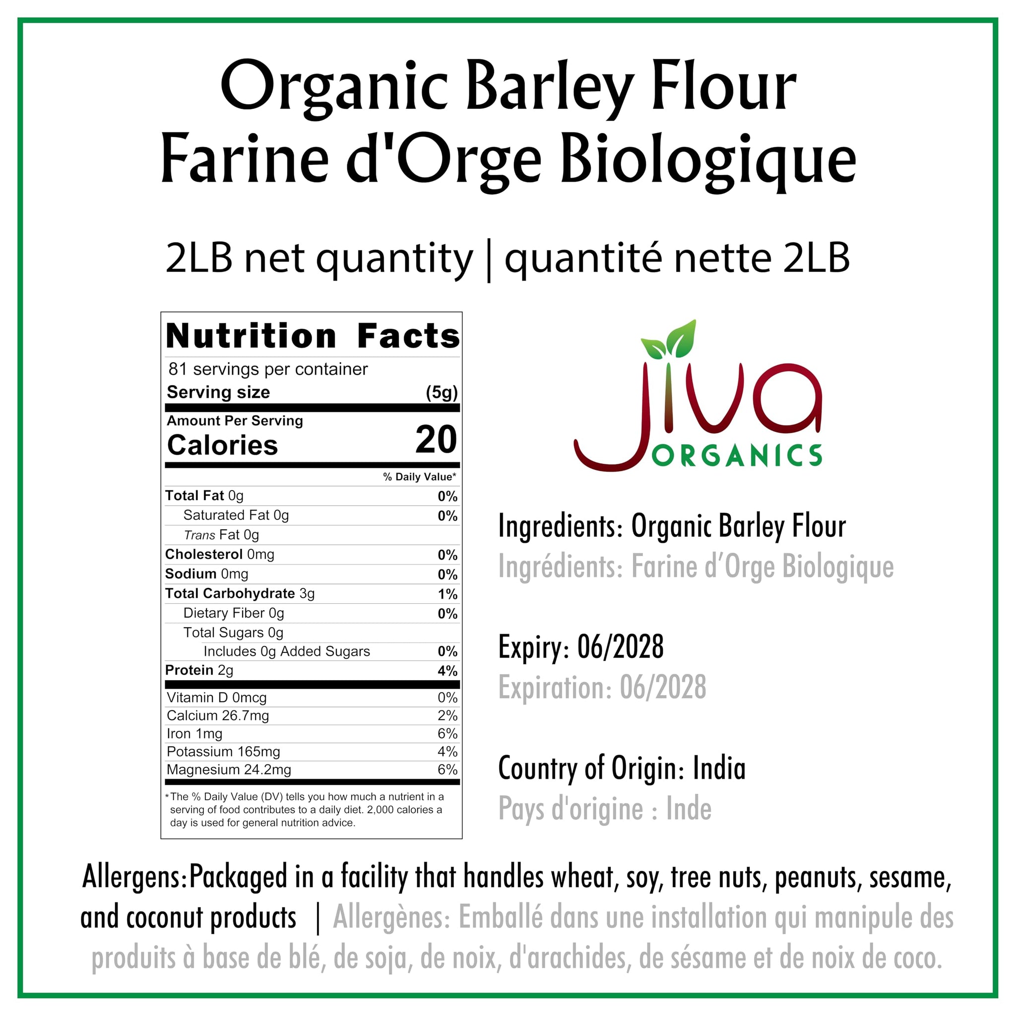 Jiva Organic Barley Flour 2 Pound - All Natural & Raw - Product of India