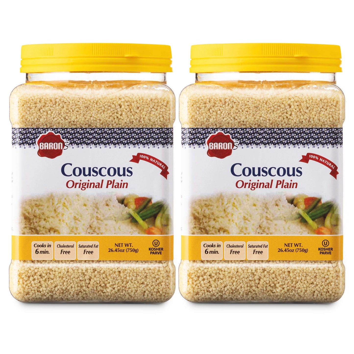 Baron’s Plain Traditional Original Couscous Pasta | 100% Natural Noodles for Salads, Soups, Stews & Side Dishes | Cooks in 6 Minutes! | Kosher | 2 Pack 26.45oz Jars