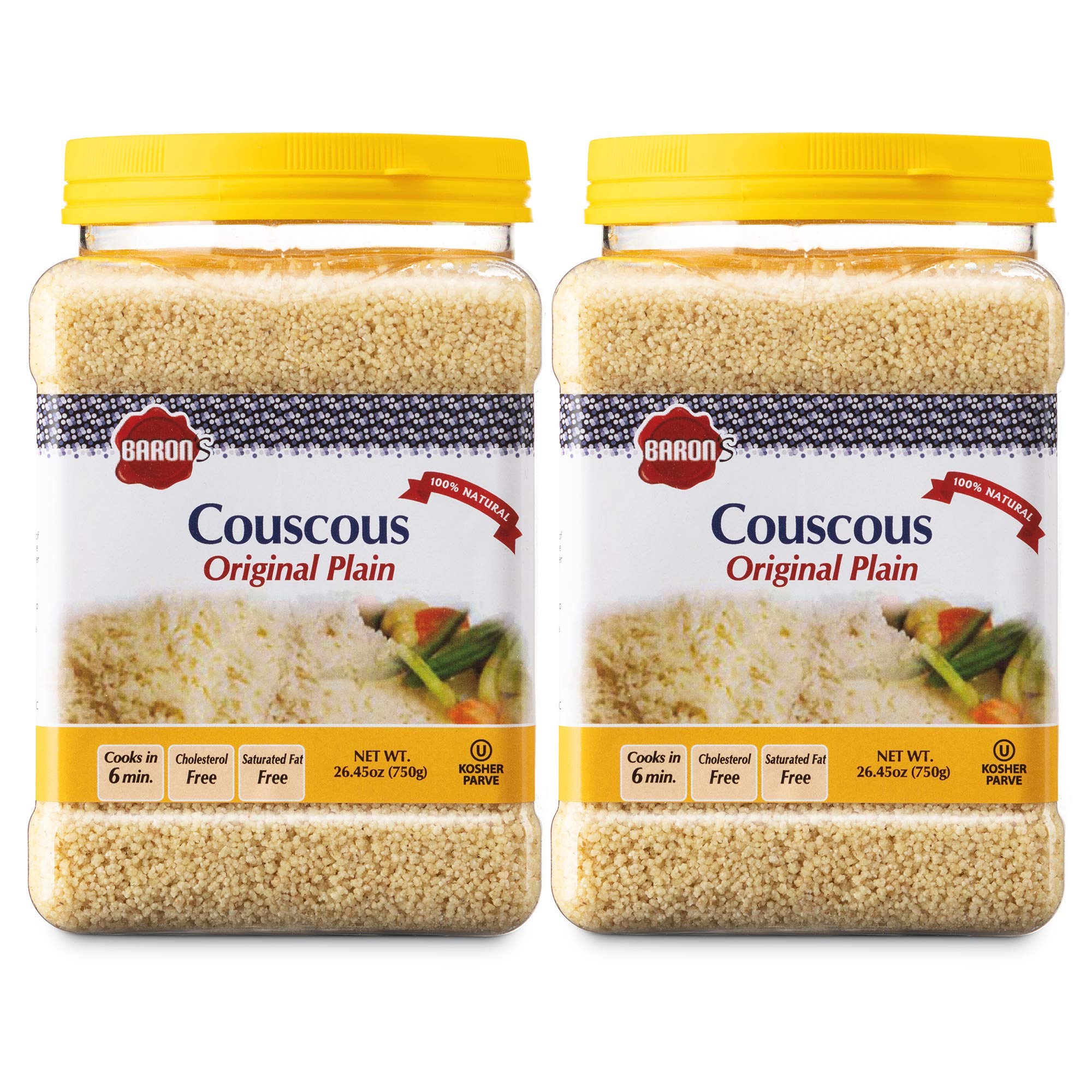 Baron’s Plain Traditional Original Couscous Pasta | 100% Natural Noodles for Salads, Soups, Stews & Side Dishes | Cooks in 6 Minutes! | Kosher | 2 Pack 26.45oz Jars
