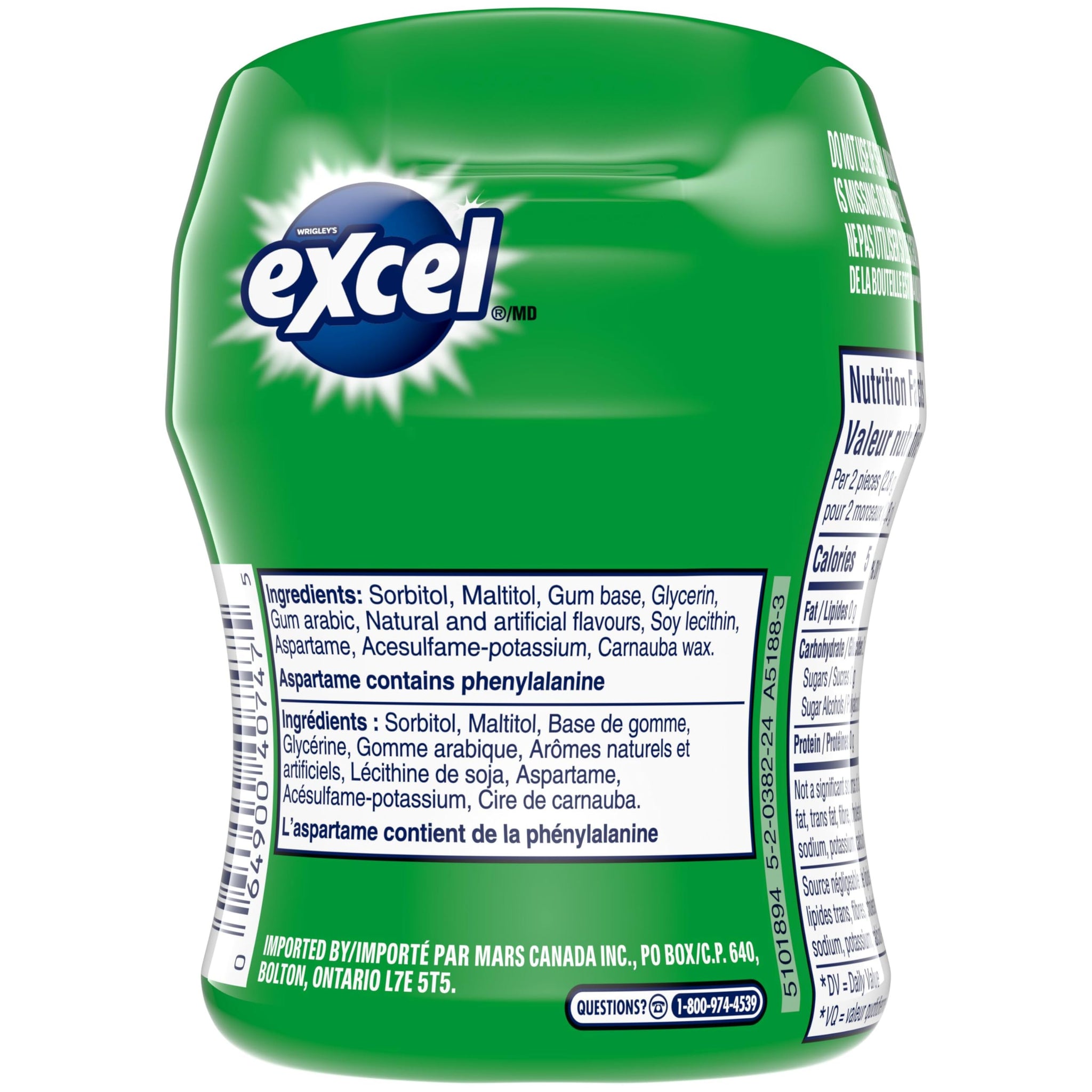 Excel Sugar-Free Gum, Spearmint, 6x60ct, 360 Pieces {Imported from Canada}