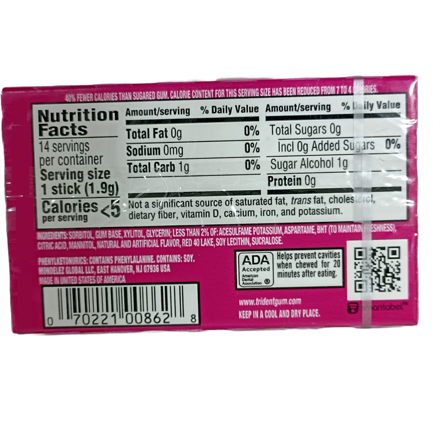 Trident Trident Bubblegum Sugar Free Gum, 14 Piece Pack, 0.94 ounce