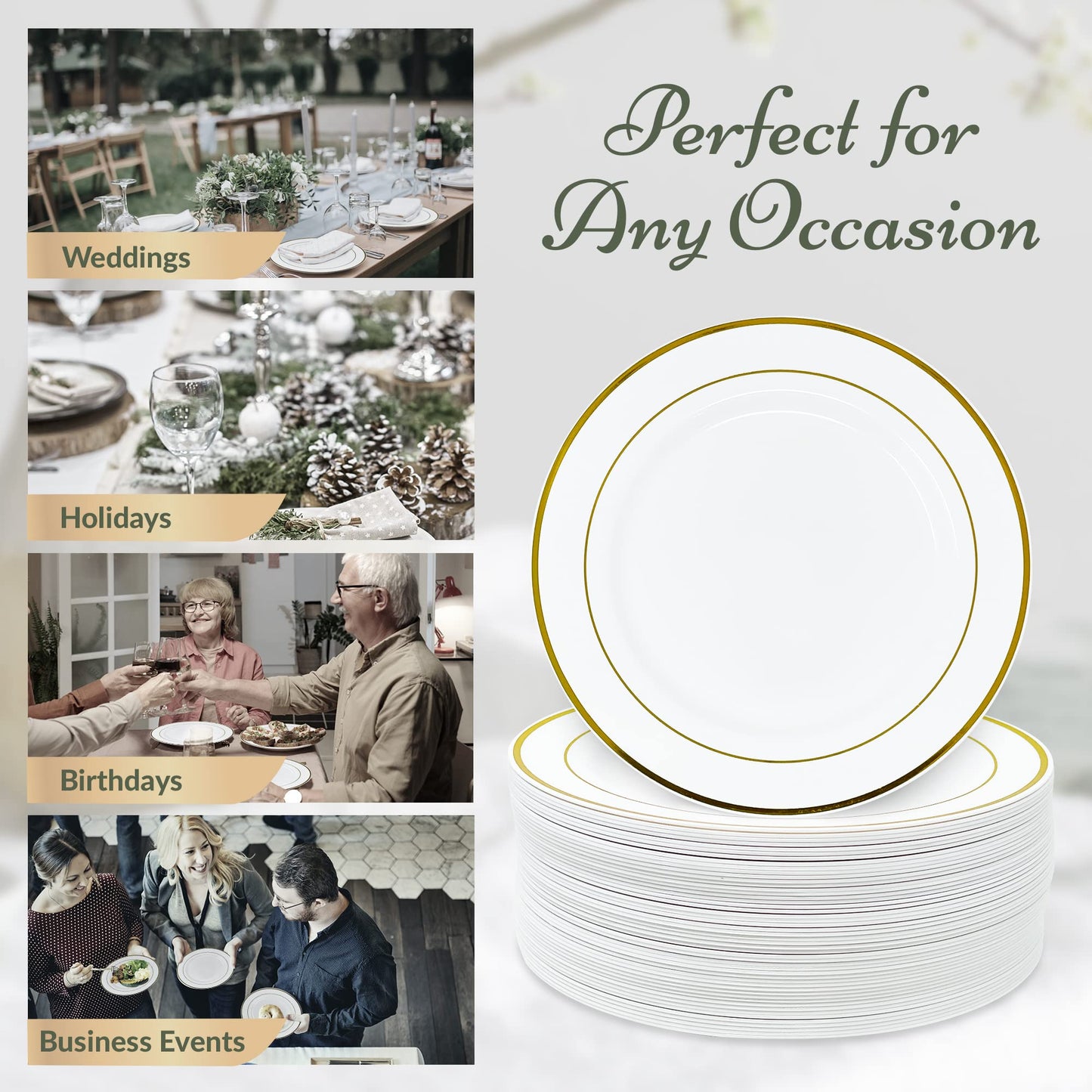 Reli. 110 Pcs Plastic Dinner Plates, Disposable (10.25 inch, White w/Gold Rim) Heavy Duty Plates for Party, Elegant Dinner, Wedding, Birthday | White