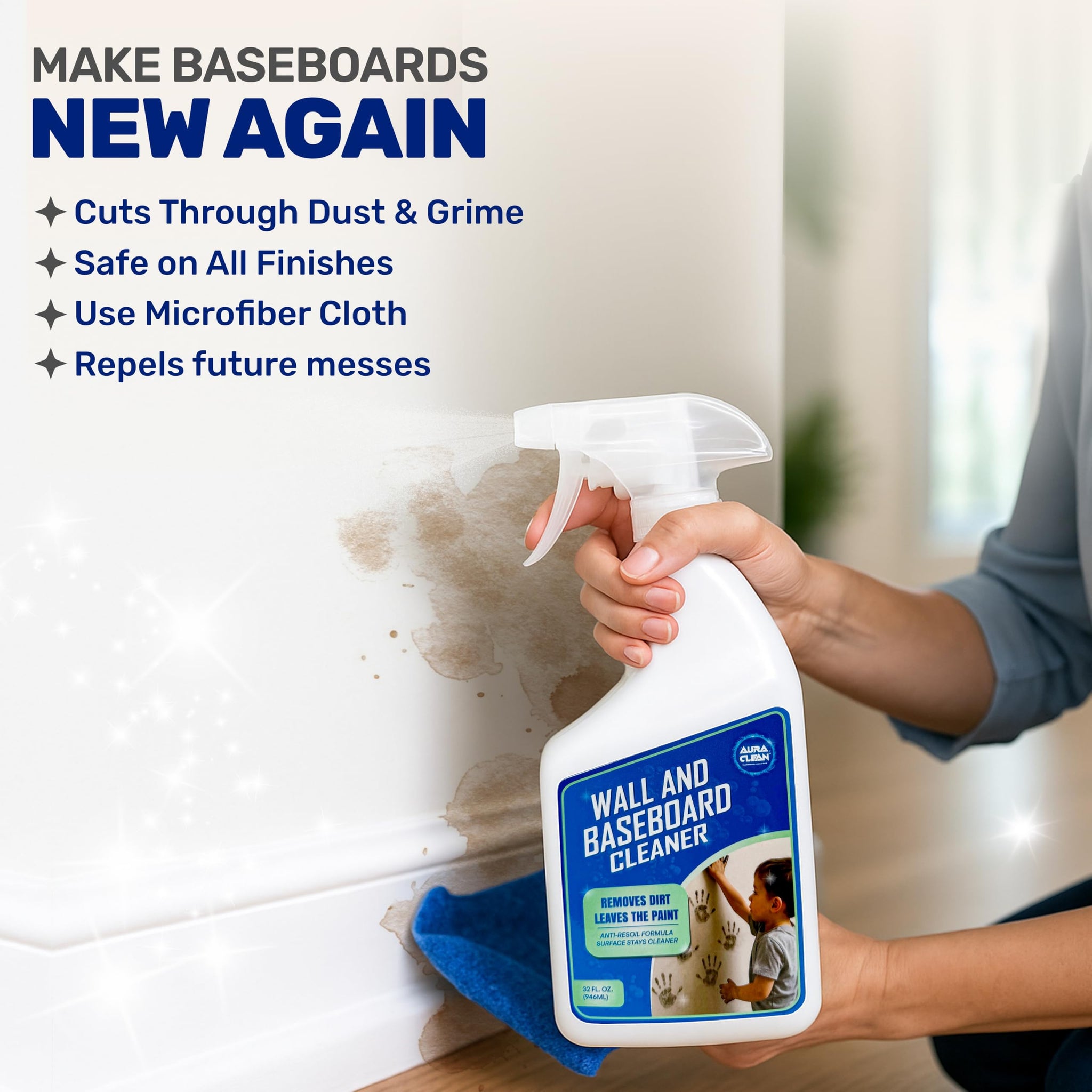 AuraClean Gentle Wall & Baseboard Cleaner - Safe for Painted Walls & Trim | Non-Toxic, No-Rinse Spray | Anti-Resoil, Streak-Free Finish for Everyday