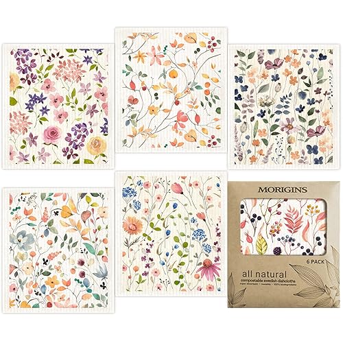 Morigins Floral Swedish Dish Cloths - 6 Pack Reusable Compostable Kitchen Cloth,Cellulose Sponge Dish Cloths Dish Towel Set