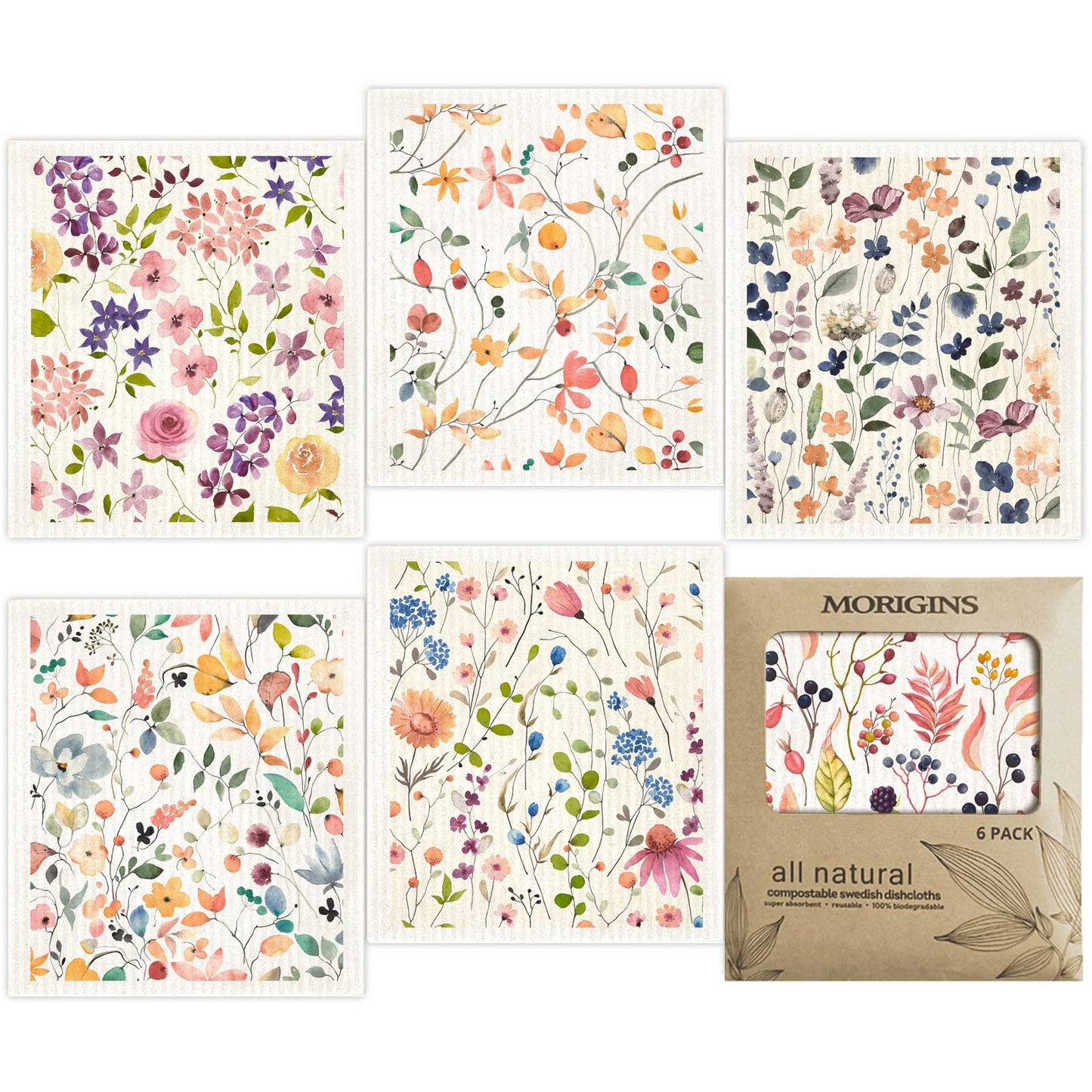 Morigins Floral Swedish Dish Cloths - 6 Pack Reusable Compostable Kitchen Cloth,Cellulose Sponge Dish Cloths Dish Towel Set