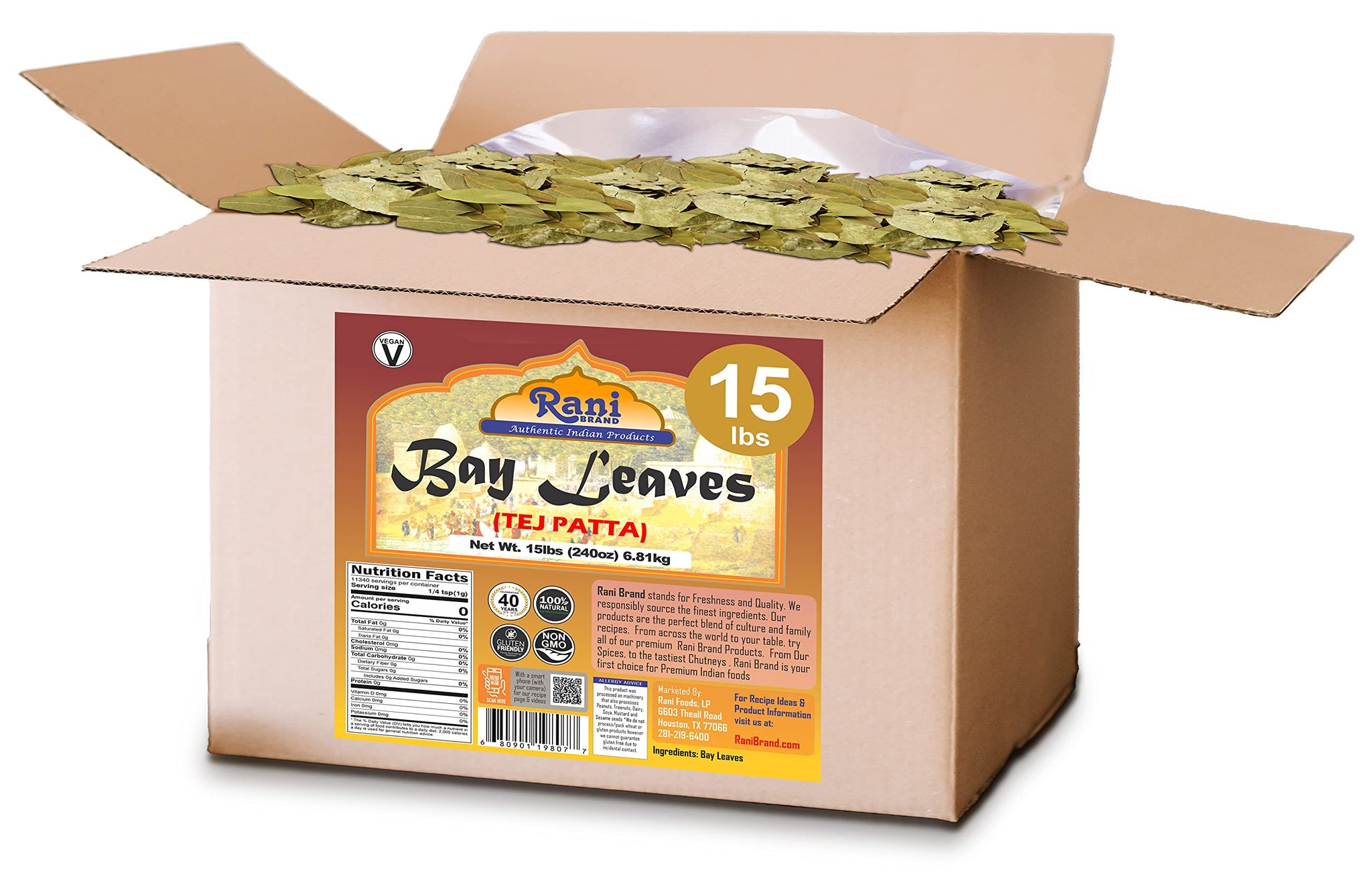 Rani Bay Whole Leaf (Leaves) Spice Hand Selected Extra Large 240oz (15lbs) 6.81kg Bulk Box ~ All Natural | Gluten Friendly | NON-GMO | Kosher | Vegan
