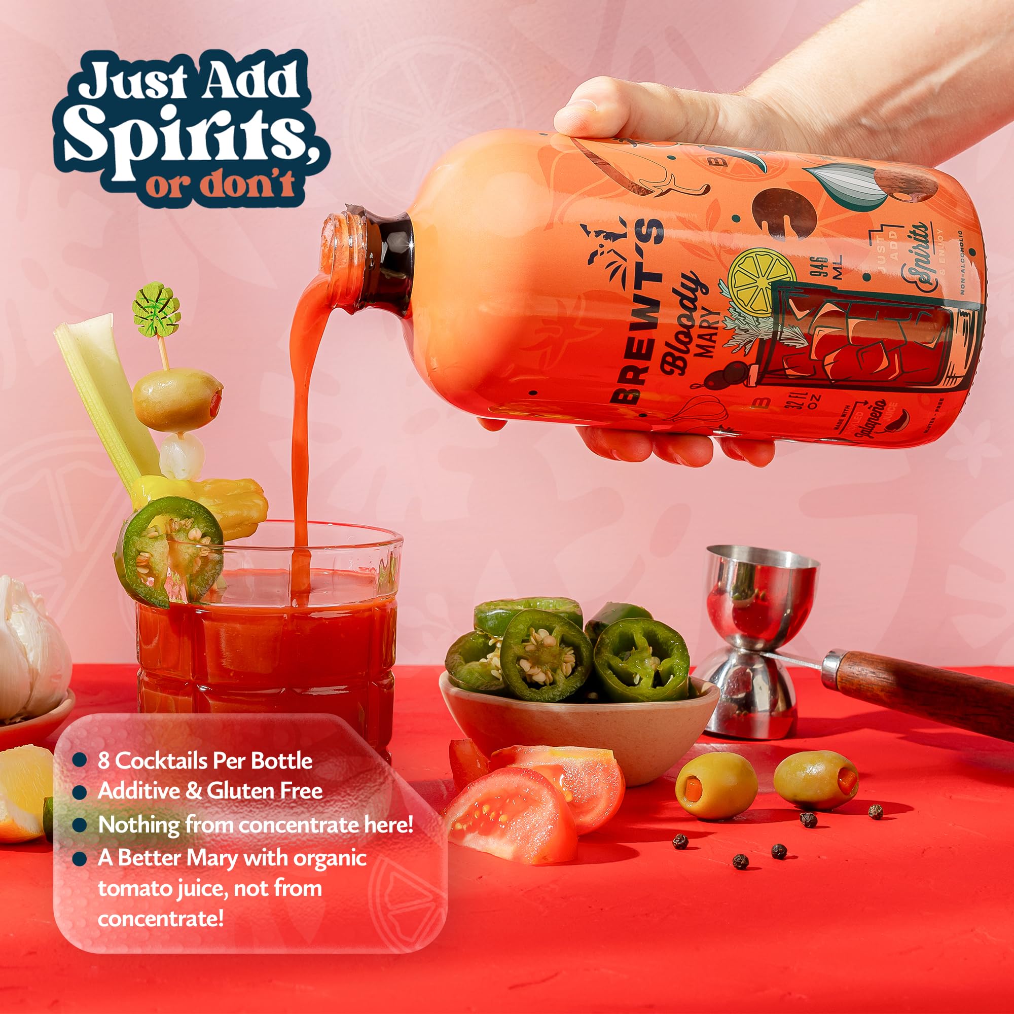 Brewt’s Spicy Bloody Mary Mix - Handcrafted Cocktail & Mocktail Mixer with Real Ingredients, Citrus, Horseradish - Low Sodium, Zero Preservatives - 32
