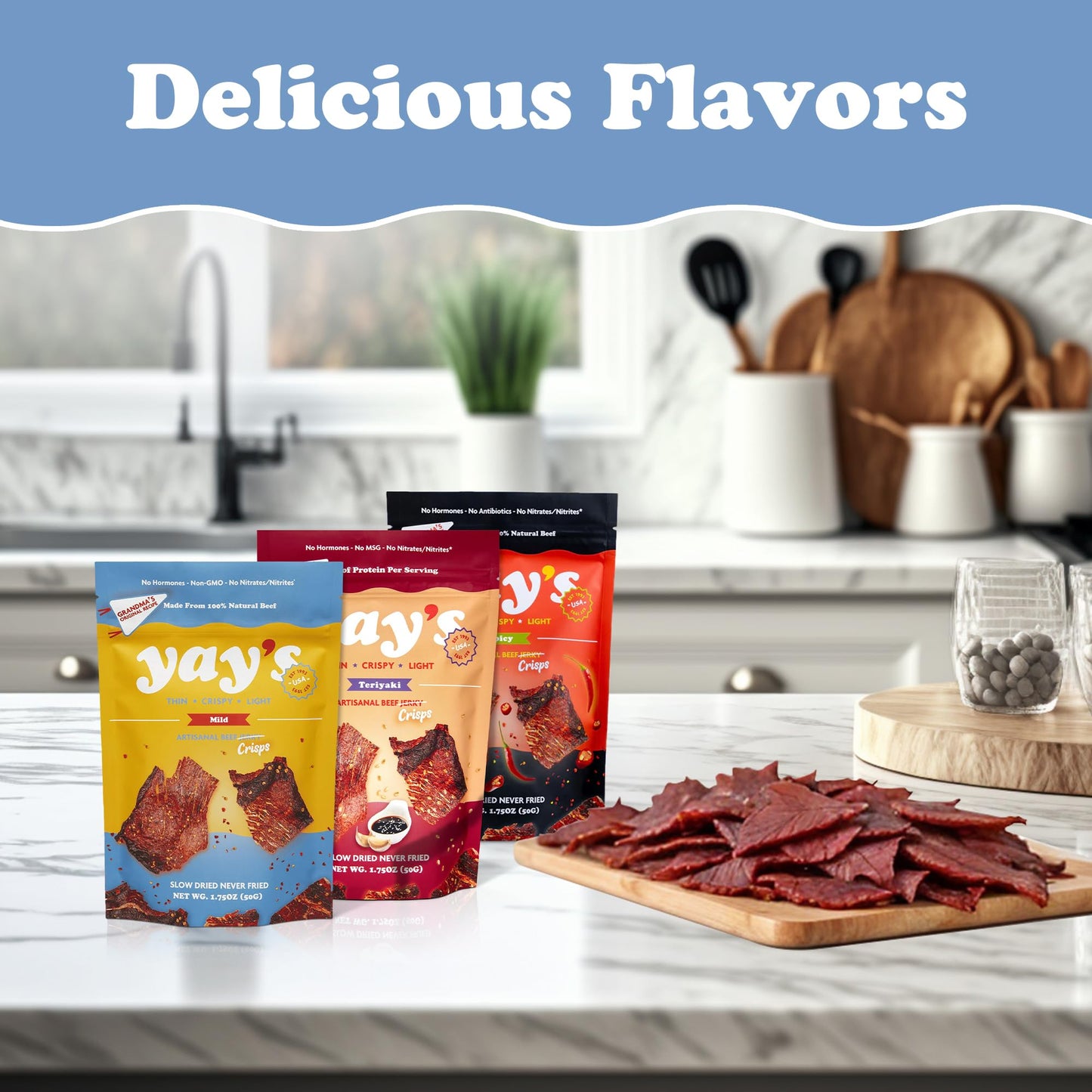 Yay's Beef Jerky Sampler Pack - Healthy High-Protein Snacks, Variety Pack of 3 Flavors (Mild, Spicy, Teriyaki), Low-Carb, Healthy Meat Snacks for Any