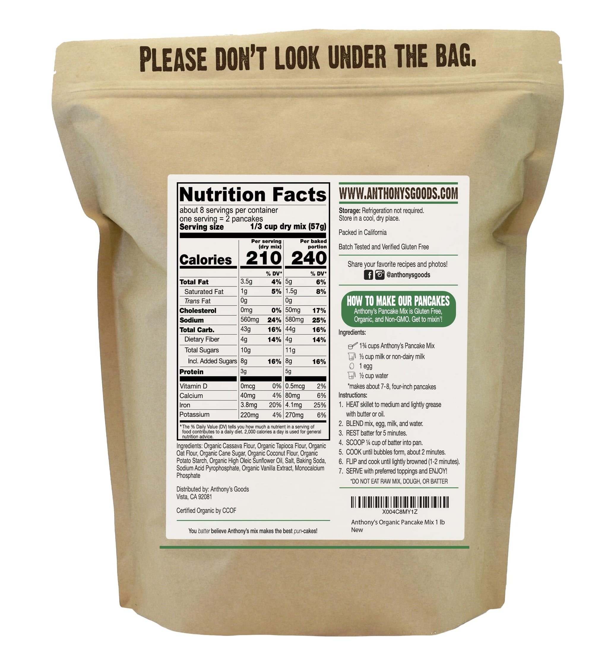 Anthony's Organic Pancake Mix, 1 lb, Dairy Free, Gluten Free, Non GMO