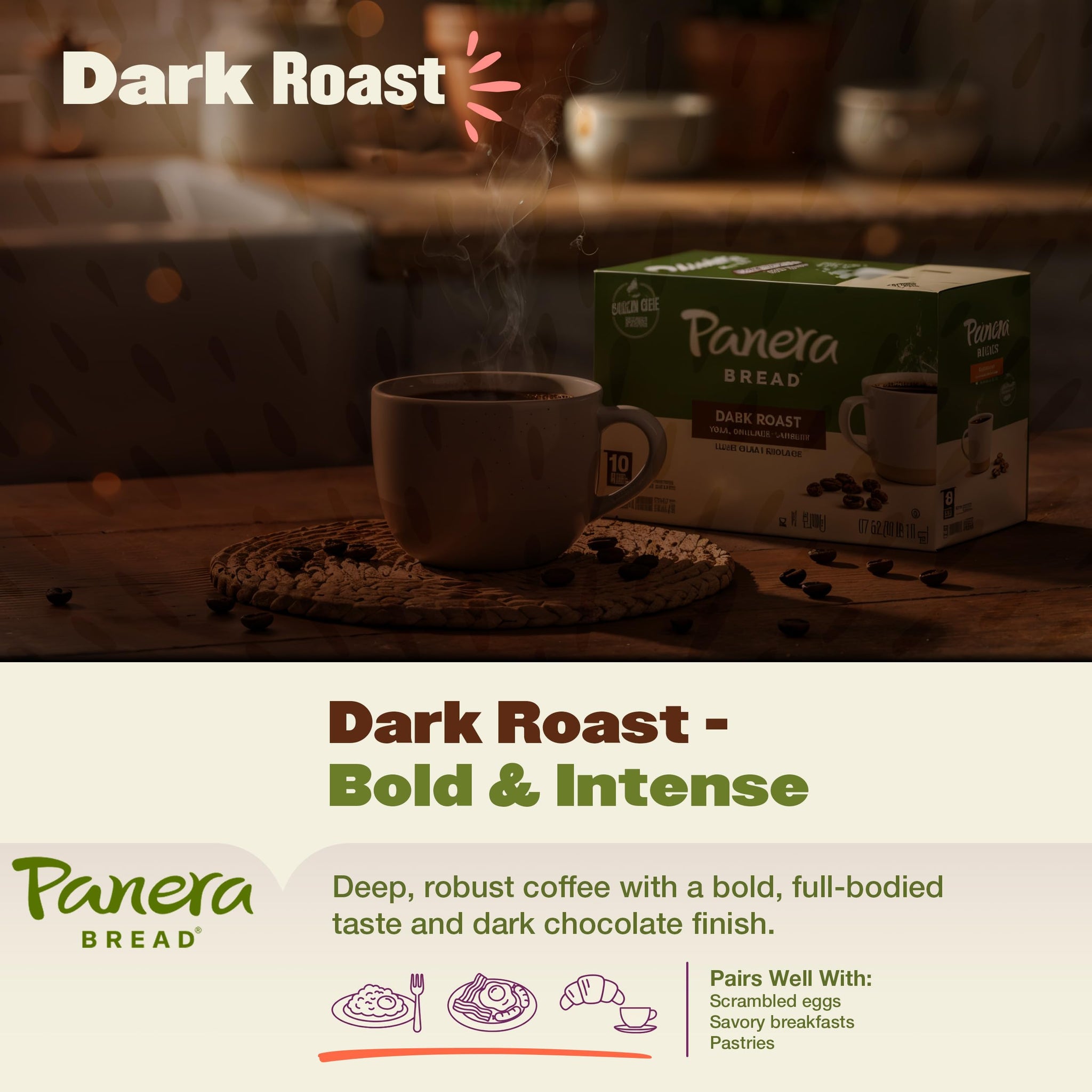 Panera Bread Dark Roast Coffee Pods, 100% Arabica Keurig Compatible, Bold & Smooth Dark Chocolate Finish, Kosher Certified, Recyclable Single Serve
