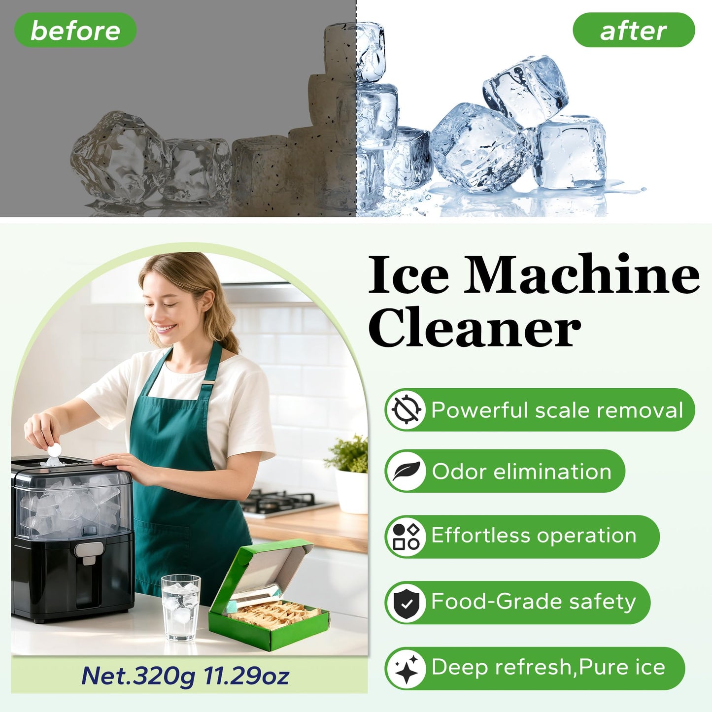 Ice Machine Cleaner and Descaler with 2 cleaning brushes,Ideal for Frigidaire, Opal, GE Profile, Kitchenaid units.Ice Maker Cleaner Removes Lime