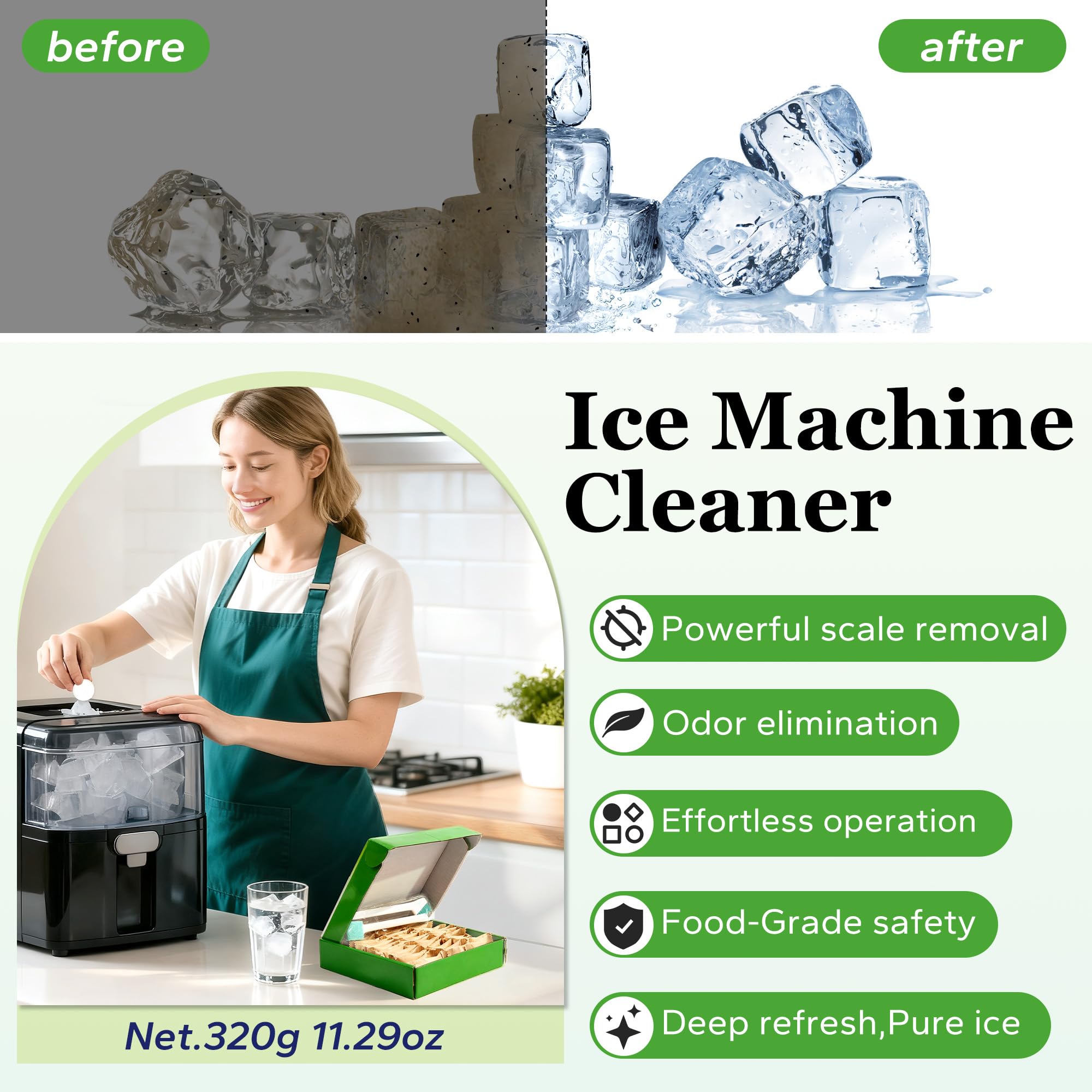 Ice Machine Cleaner and Descaler with 2 cleaning brushes,Ideal for Frigidaire, Opal, GE Profile, Kitchenaid units.Ice Maker Cleaner Removes Lime