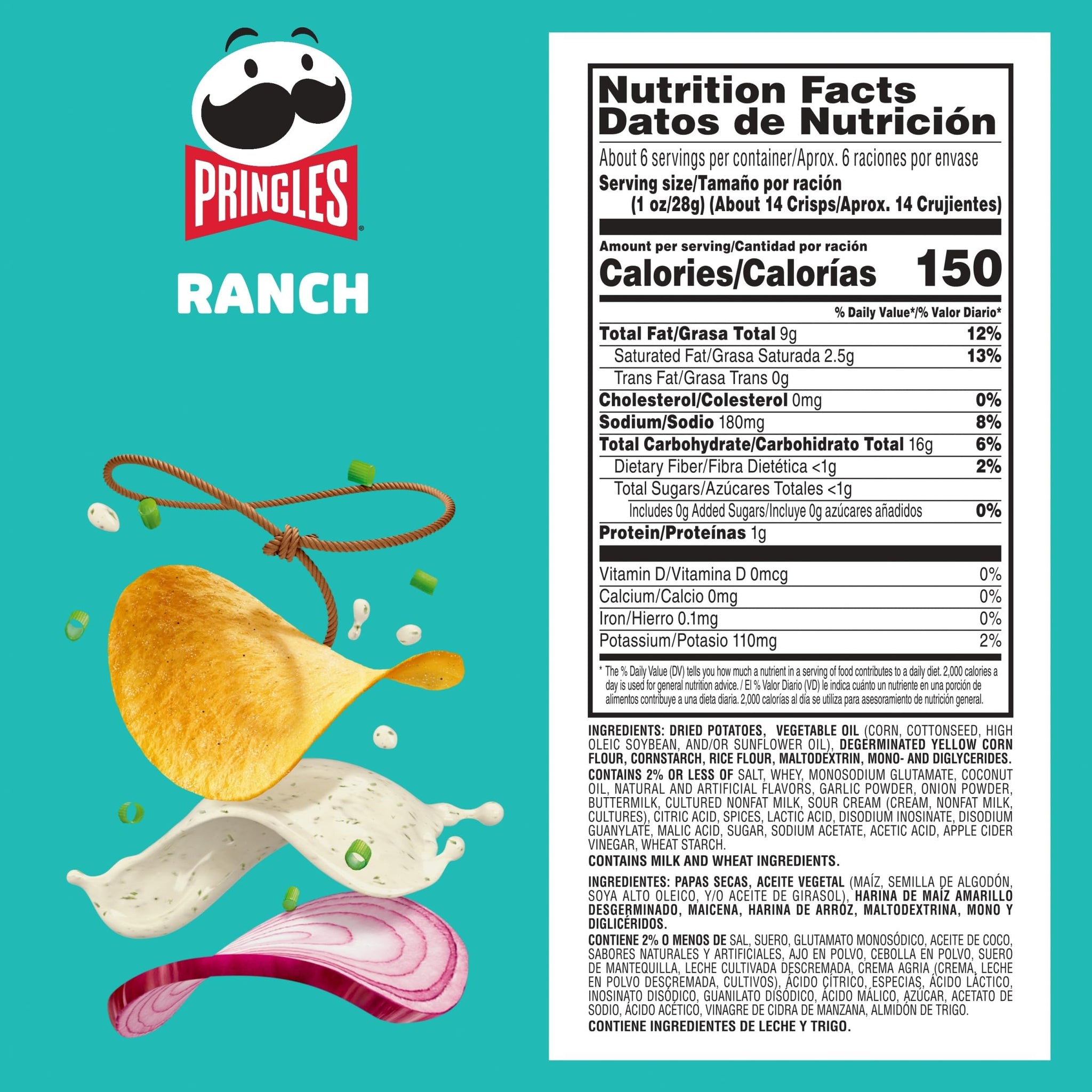 Pringles Potato Crisps Chips, Lunch Snacks, On-The-Go Snacks, Ranch, 5.5oz Can (1 Can)