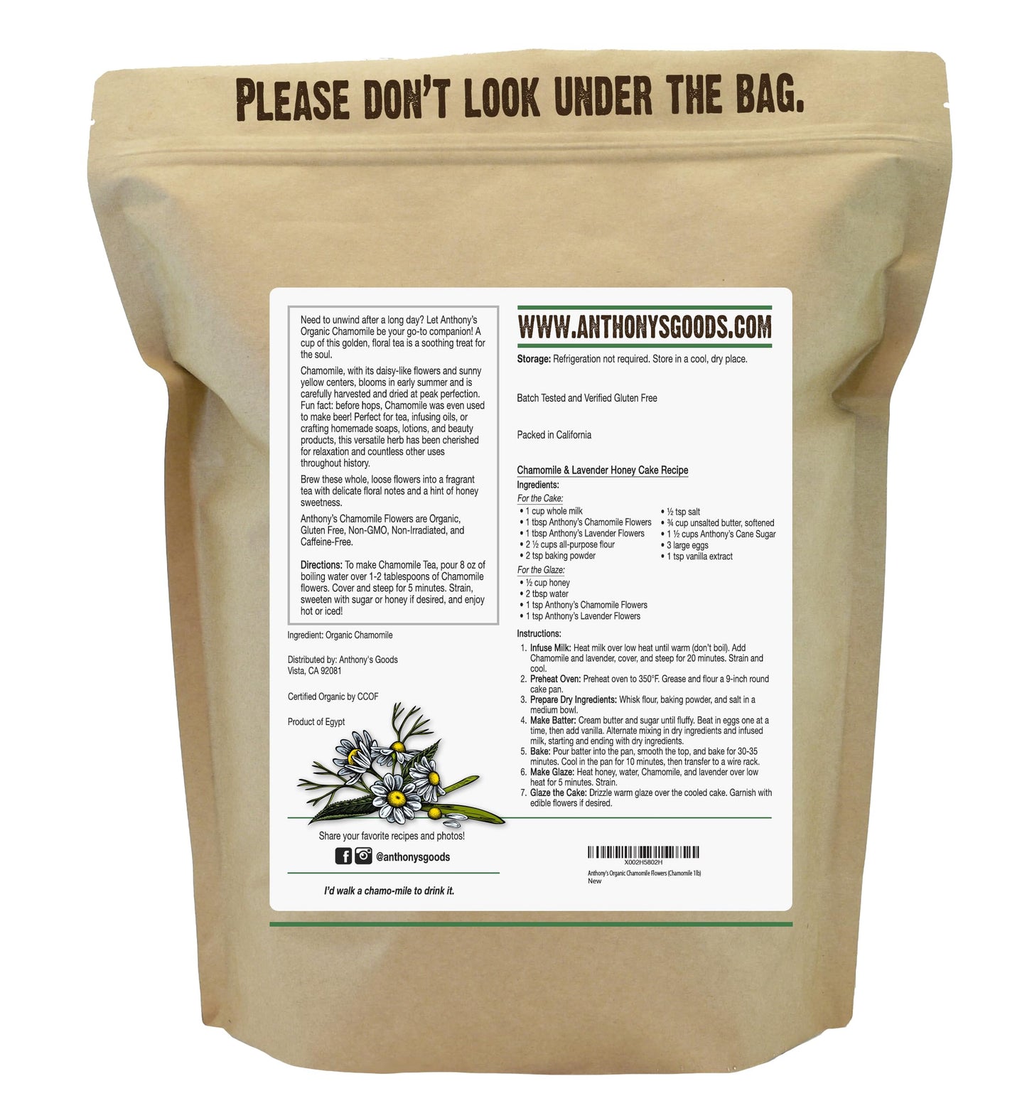 Anthony's Organic Chamomile Flowers, 1 lb, Whole, Loose Leaf, Gluten Free, Non GMO, Non Irradiated
