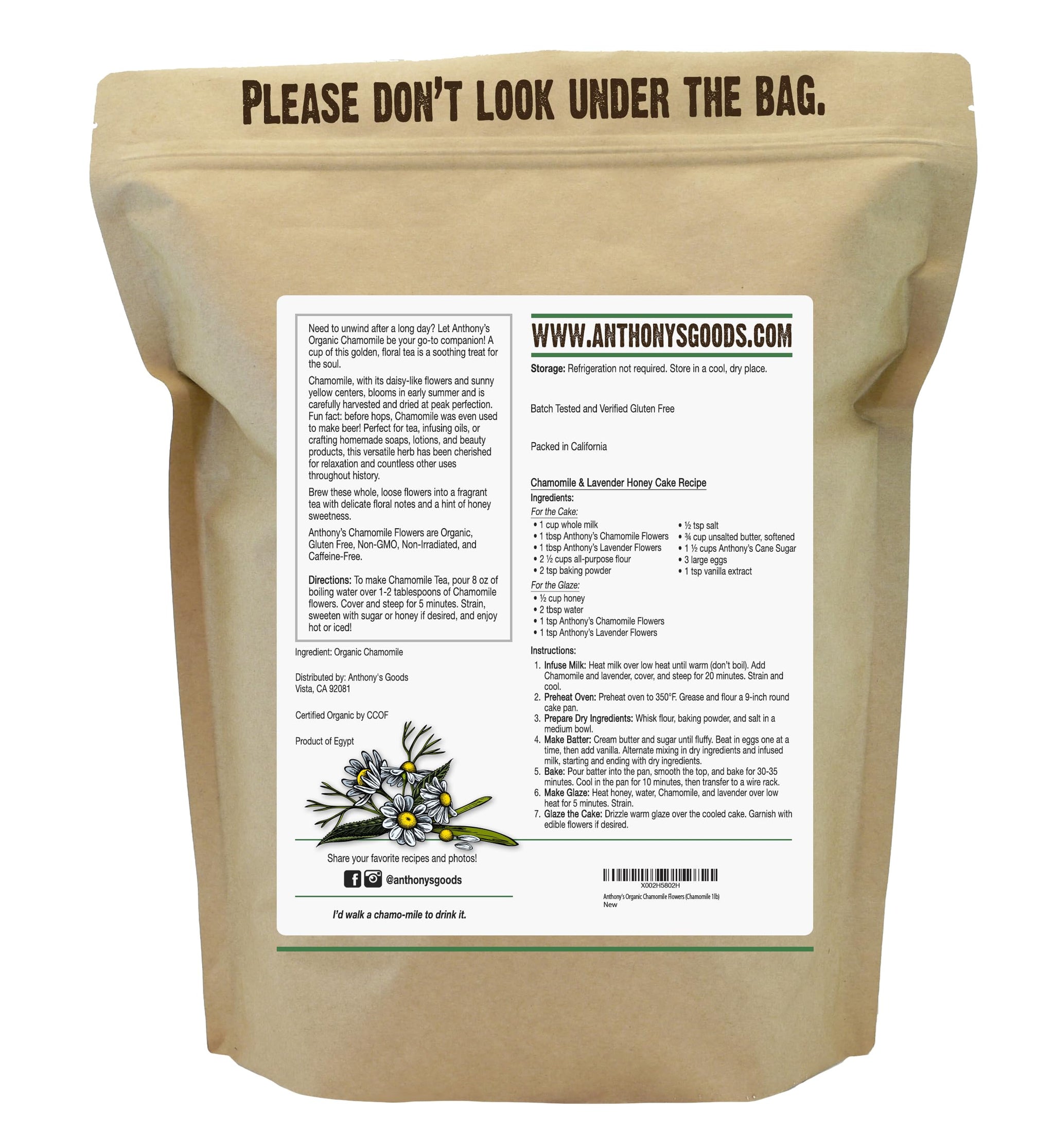 Anthony's Organic Chamomile Flowers, 1 lb, Whole, Loose Leaf, Gluten Free, Non GMO, Non Irradiated