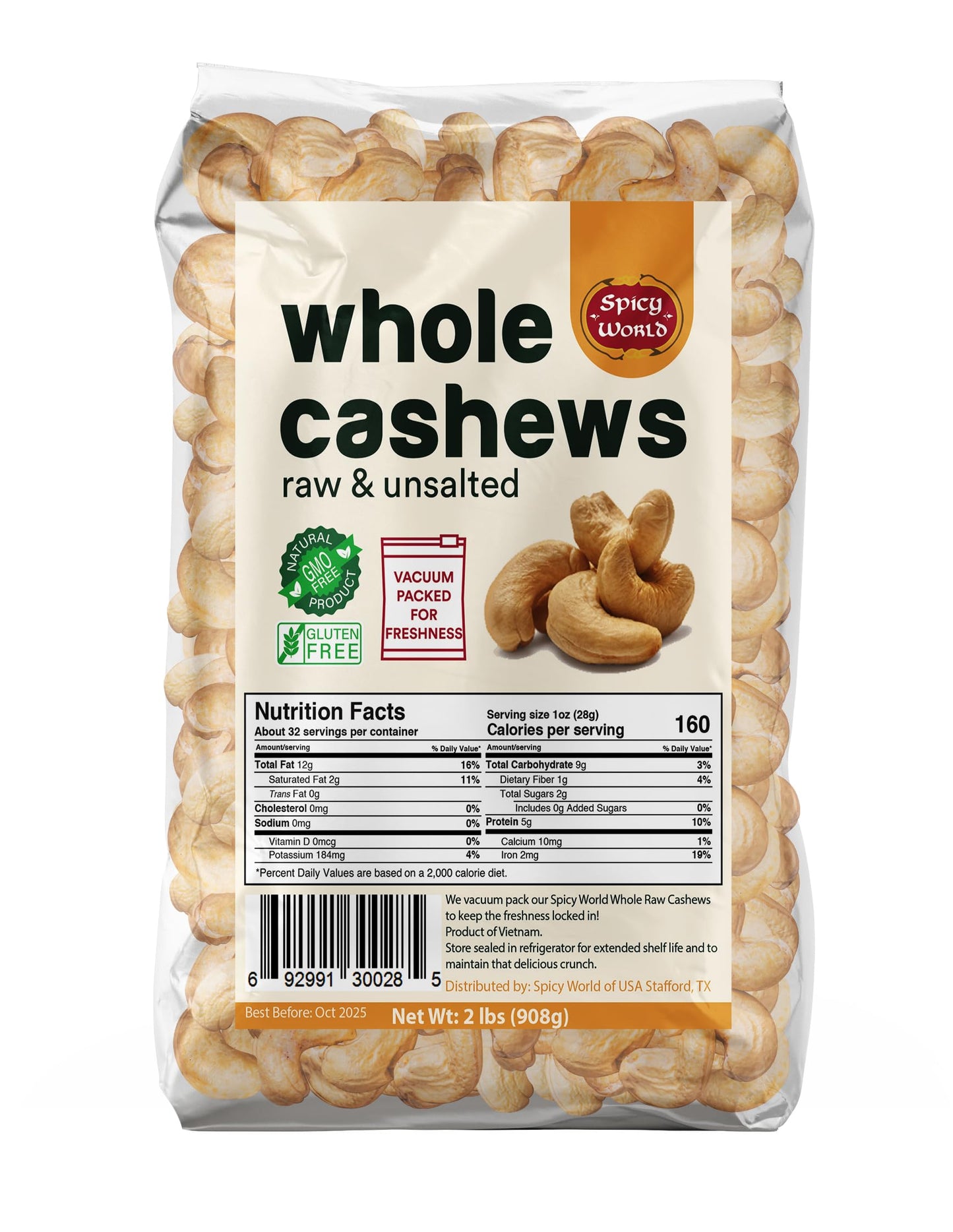 Spicy World Raw Cashews Whole 2 Pound (32oz) - Non-GMO, Unsalted, Natural & Pure Whole Cashews - Great for Pesto, Salads, Baking, Roasting & Cooking