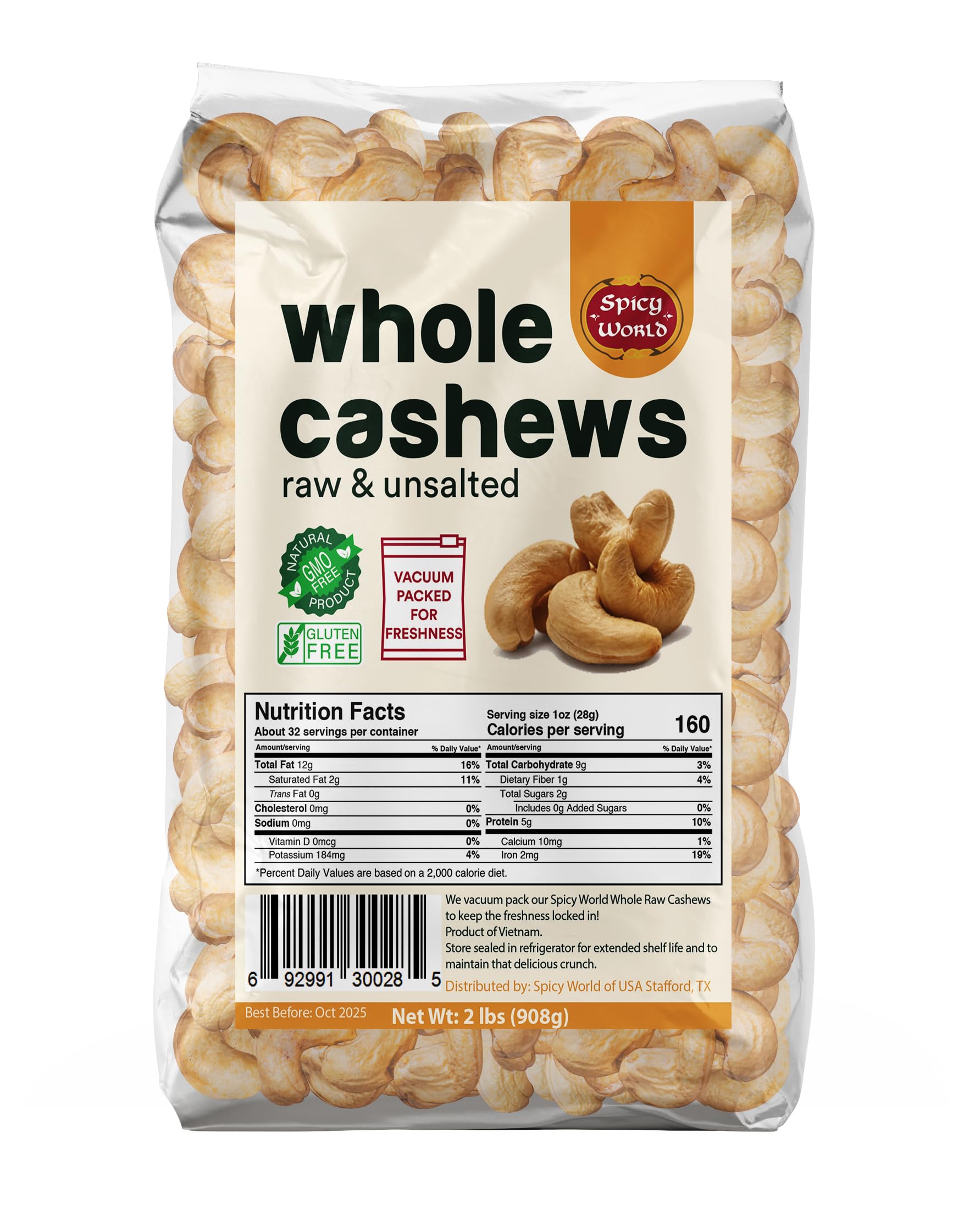 Spicy World Raw Cashews Whole 2 Pound (32oz) - Non-GMO, Unsalted, Natural & Pure Whole Cashews - Great for Pesto, Salads, Baking, Roasting & Cooking