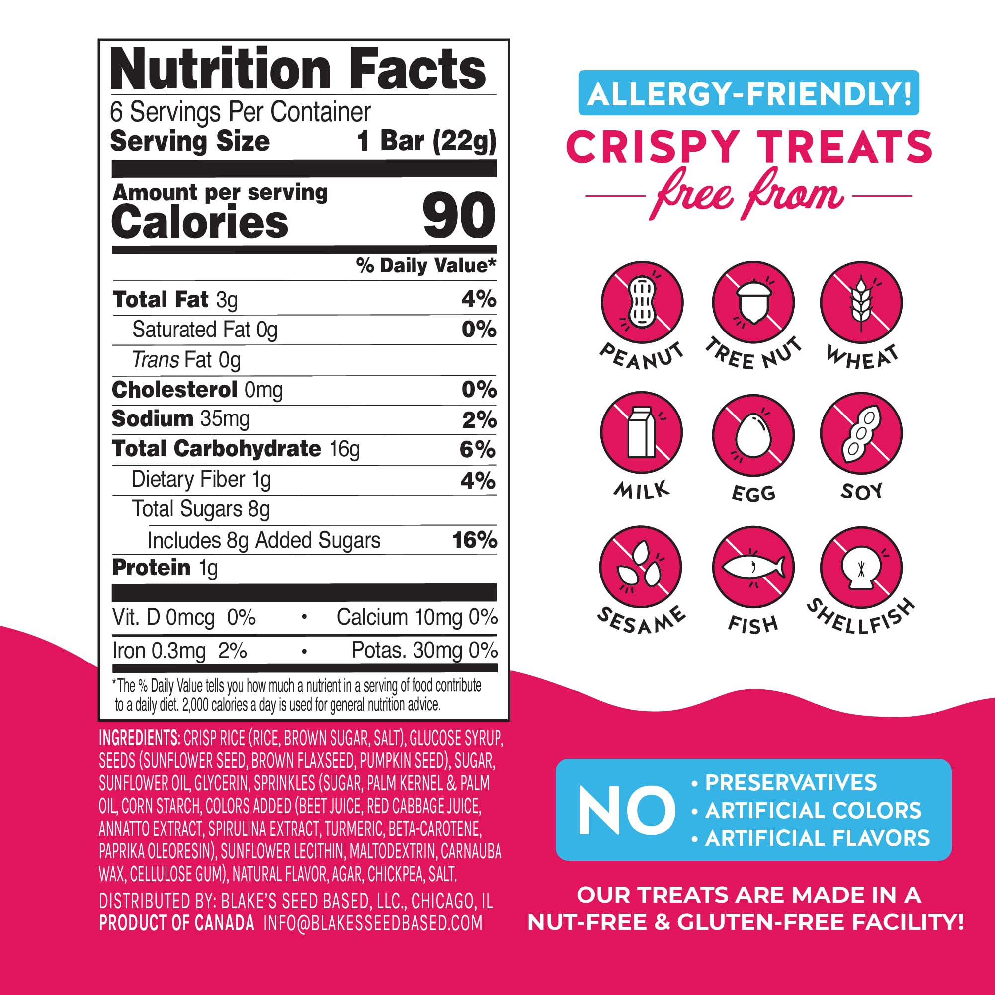 Blake’s Seed Based Crispy Treats - Birthday Cake (6 Count), Nut Free, Gluten Free, Dairy Free & Vegan, Healthy Snacks for Kids or Adults, School Safe
