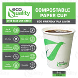 EcoQuality 8 oz Compostable Paper Cups - Biodegradable Disposable White Paper Coffee Cups PLA Lined - Eco-friendly Hot and Cold Drinking Cups