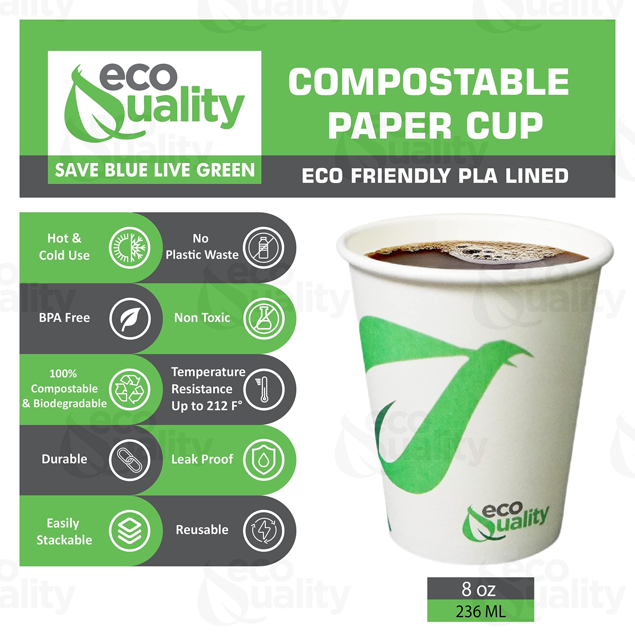 EcoQuality 8 oz Compostable Paper Cups - Biodegradable Disposable White Paper Coffee Cups PLA Lined - Eco-friendly Hot and Cold Drinking Cups
