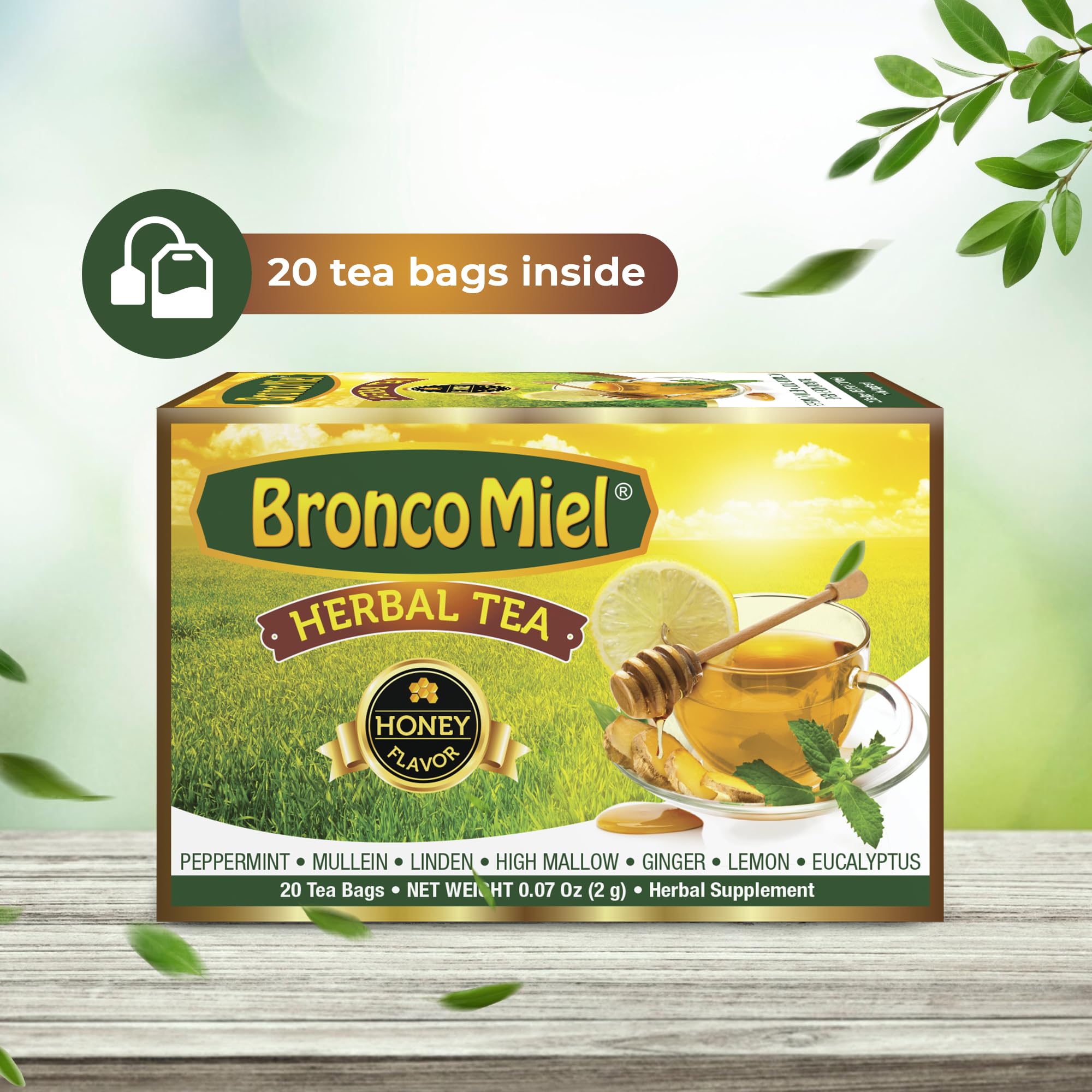 BRONCOMIEL Tea Bags - Honey Herbal Tea for Coughing and Soreness - Eucalyptus, Ginger and Lemon Tea - Sweet Honey Flavor - Easy to Prepare - Herbal