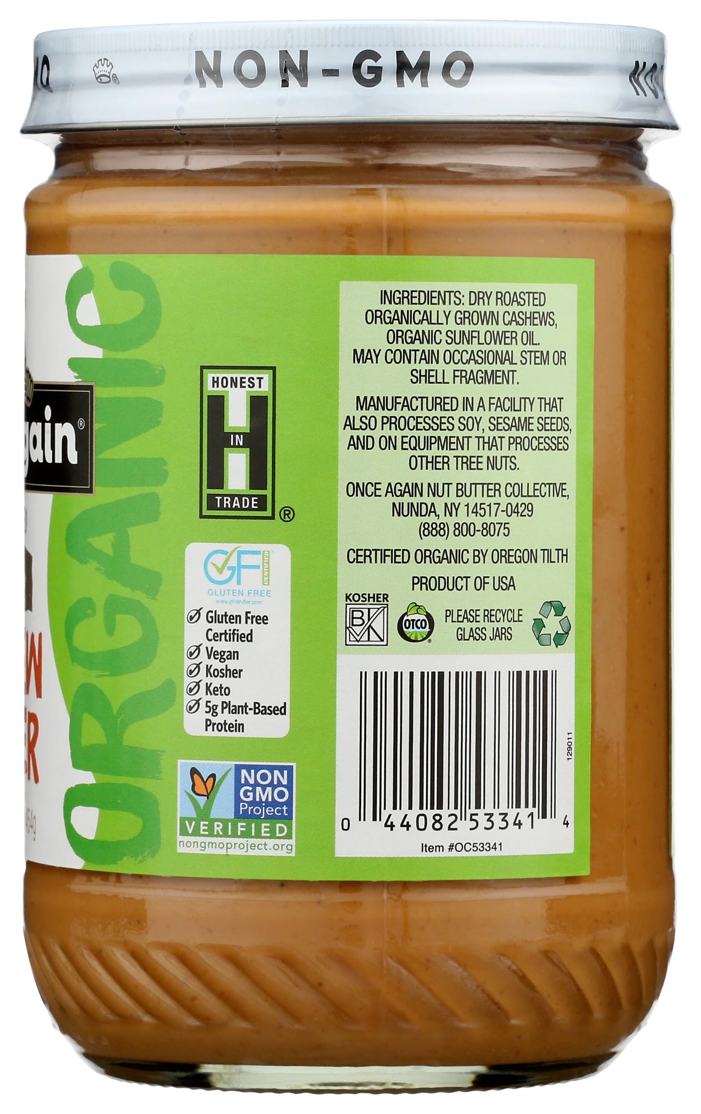 Once Again Organic Creamy Cashew Butter, 16oz - Unsweetened - USDA Organic, Gluten free Certified, Vegan, Kosher, Peanut Free - Glass Jar… (1 Jar)