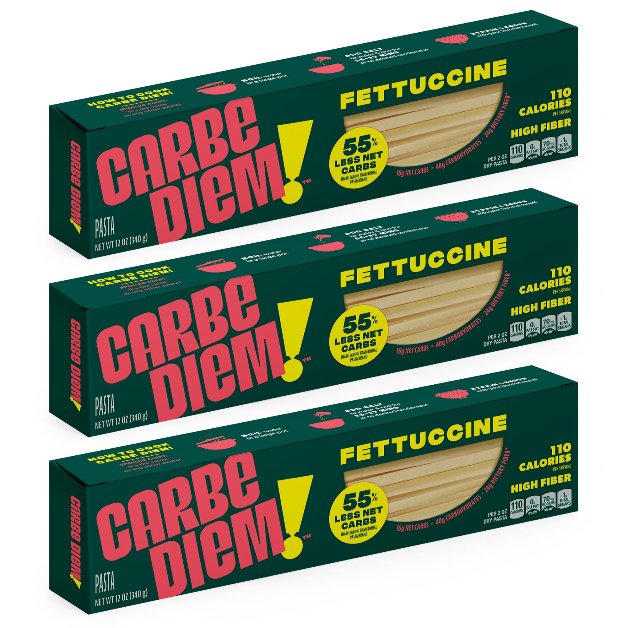 Carbe Diem!, Fettuccine, Lower Net Carb Pasta with Traditional Flavor & Texture, 8 grams of Protein, 55% Fewer Net Carbs & Only 110 Calories Per