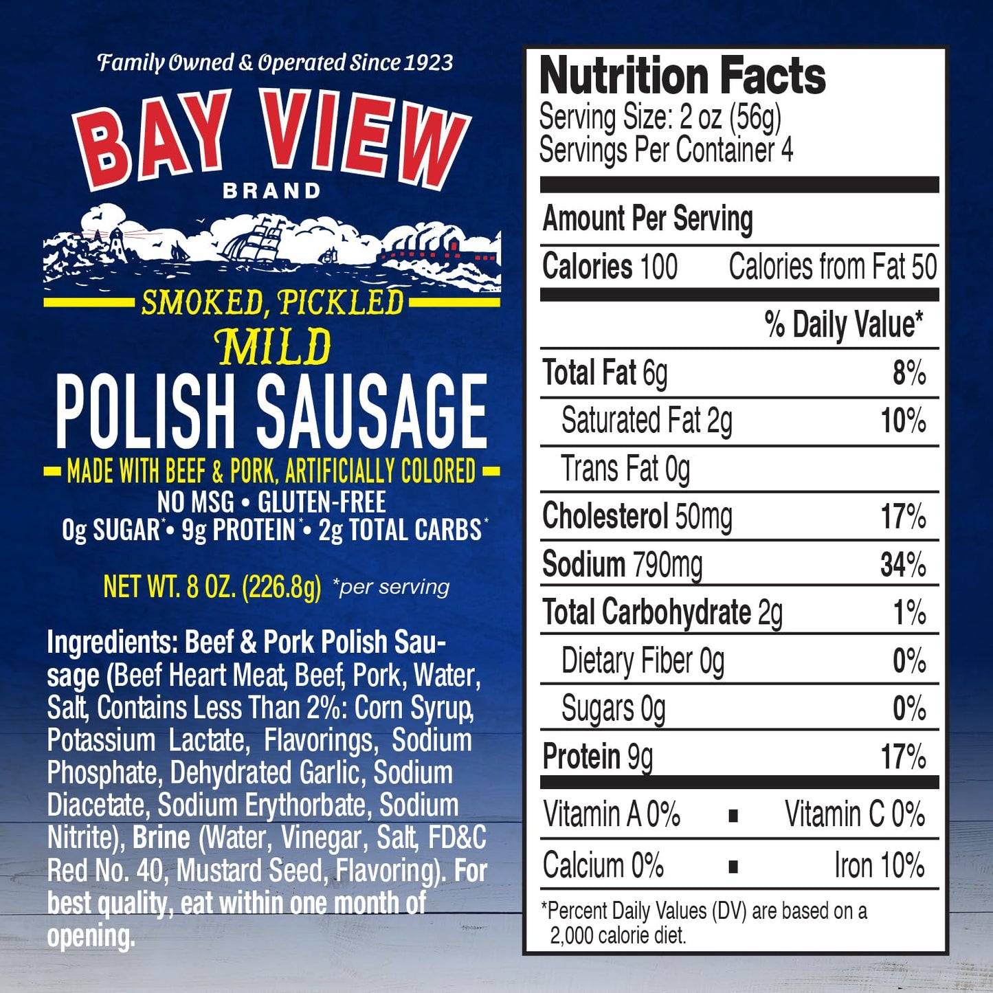Bay View Smoked Pickled Polish Sausage, No MSG, Gluten Free, No Soy, 0g Sugar, 9g Protein, Hardwood Smoked, Mouthwatering Pickled Snack (8 Ounce