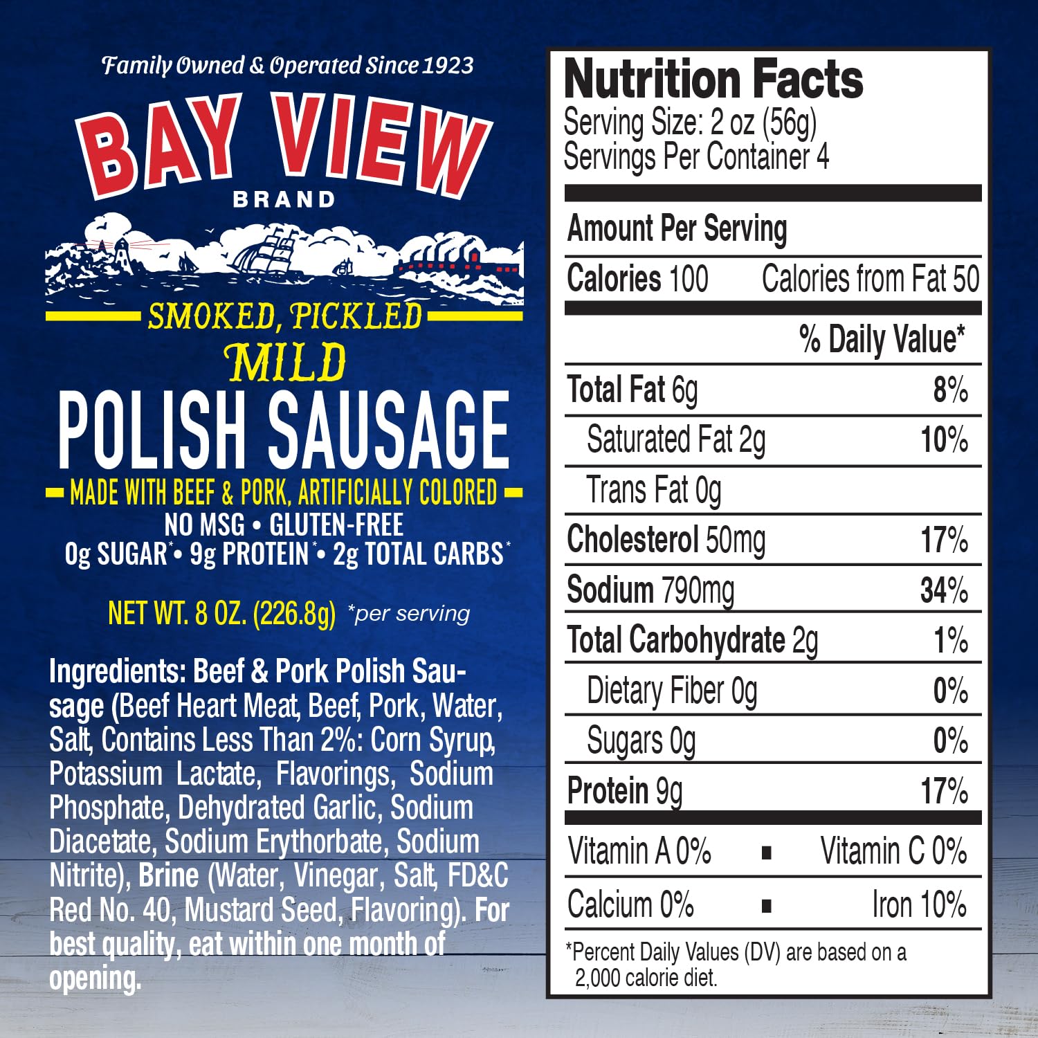 Bay View Smoked Pickled Polish Sausage, No MSG, Gluten Free, No Soy, 0g Sugar, 9g Protein, Hardwood Smoked, Mouthwatering Pickled Snack (8 Ounce