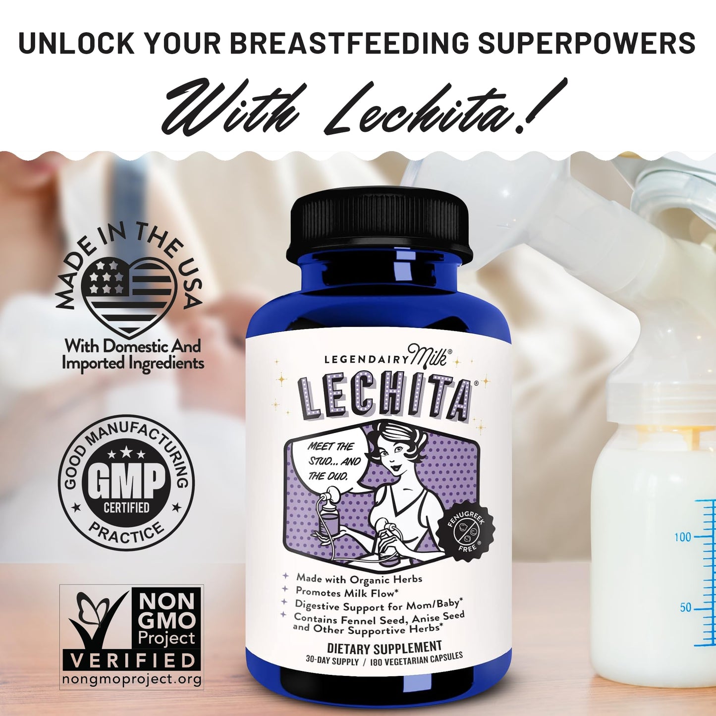 Legendairy Milk Lechita, Supports Milk Flow, Organic Fenugreek Free Breastfeeding Supplement, Organic Fennel & Anise, Made in USA, 180 Vegan Capsules