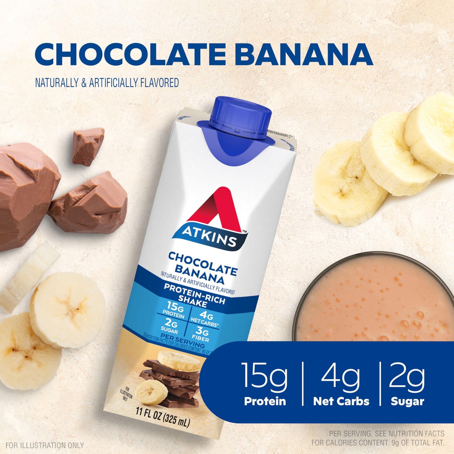 Atkins Chocolate Banana Protein Shake, 15g Protein, 5g Net Carbs, 1g Sugar, Low Carb, High Protein Shake, Banana Breakfast Protein Shake, 4 Pack (11